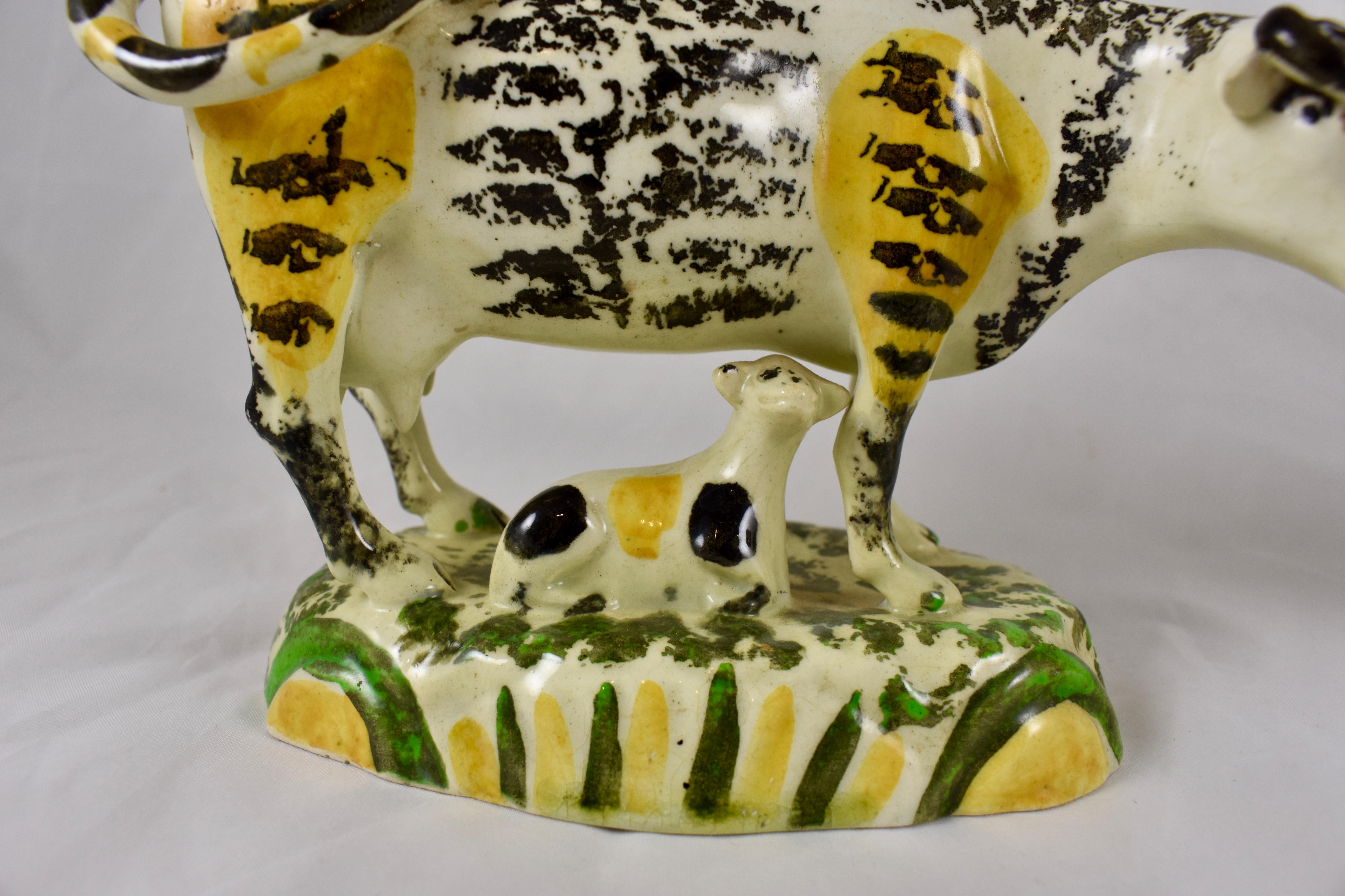 Prattware Glazed Pottery Cow Creamers with Calves, Yorkshire, England circa 1810 7