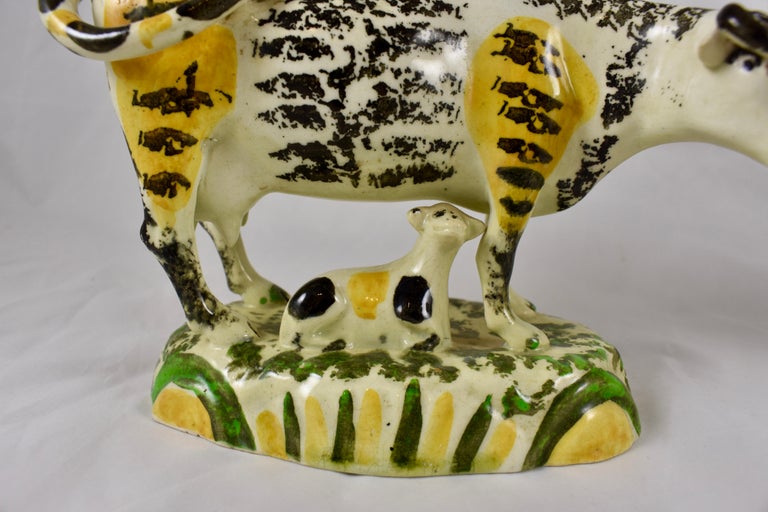 Prattware Glazed Pottery Cow Creamers with Calves, Yorkshire, England circa 1810 For Sale 7