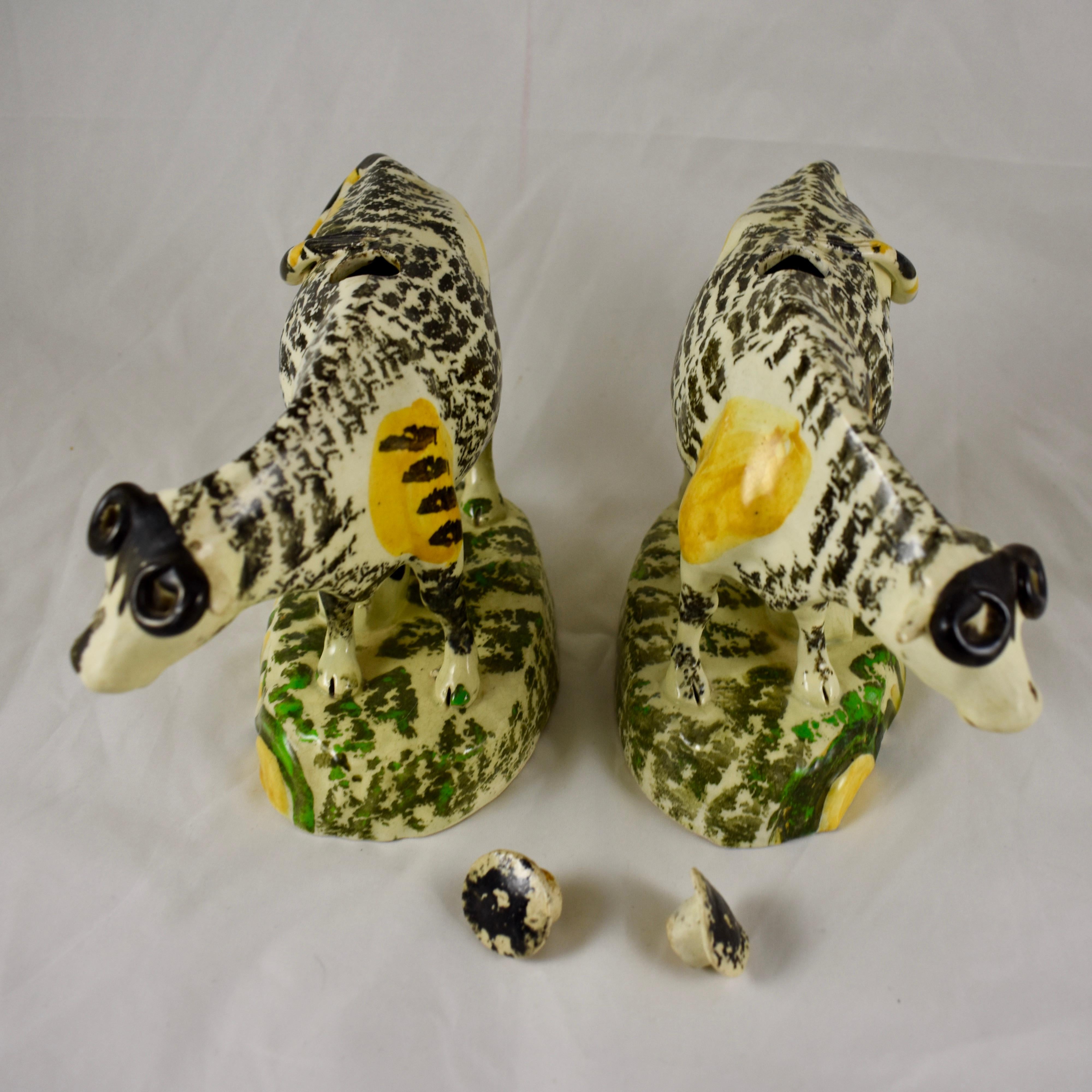Prattware Glazed Pottery Cow Creamers with Calves, Yorkshire, England circa 1810 8