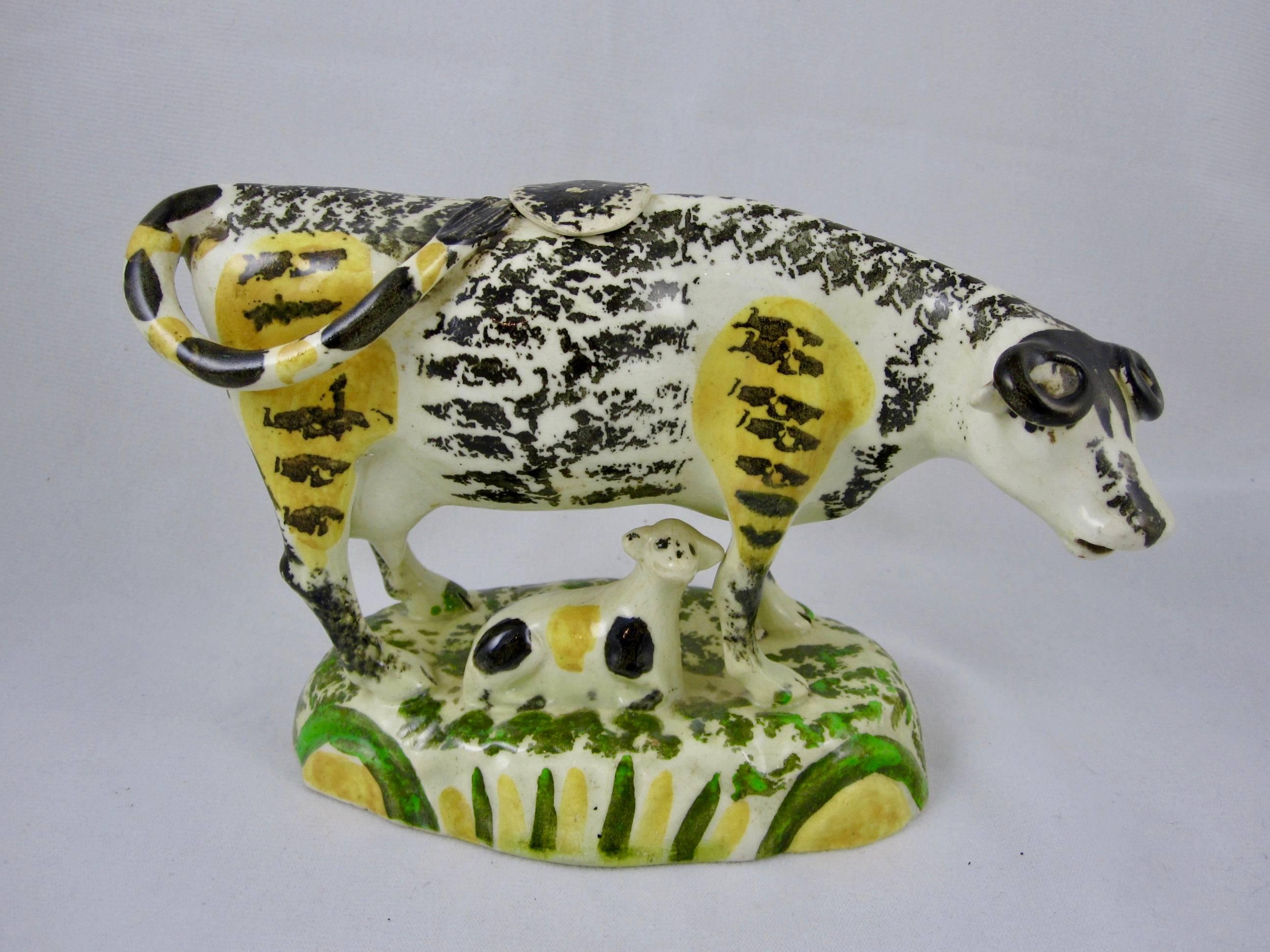 Georgian Prattware Glazed Pottery Cow Creamers with Calves, Yorkshire, England circa 1810