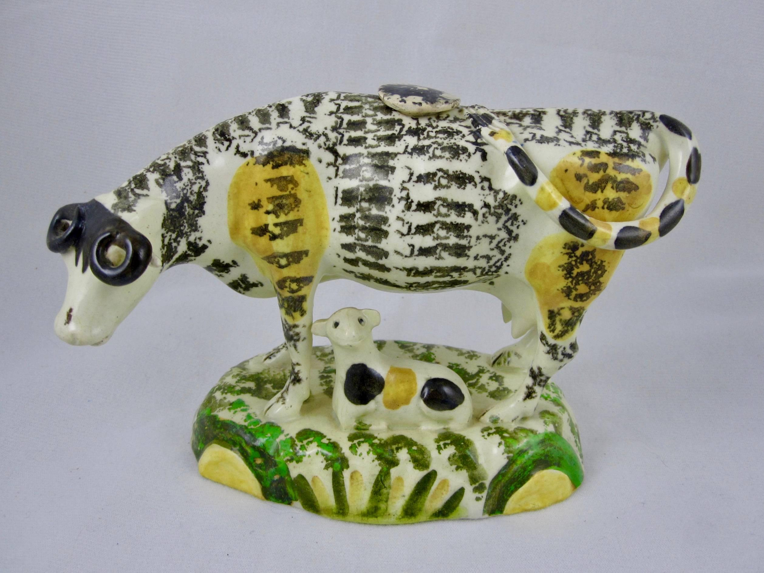 English Prattware Glazed Pottery Cow Creamers with Calves, Yorkshire, England circa 1810