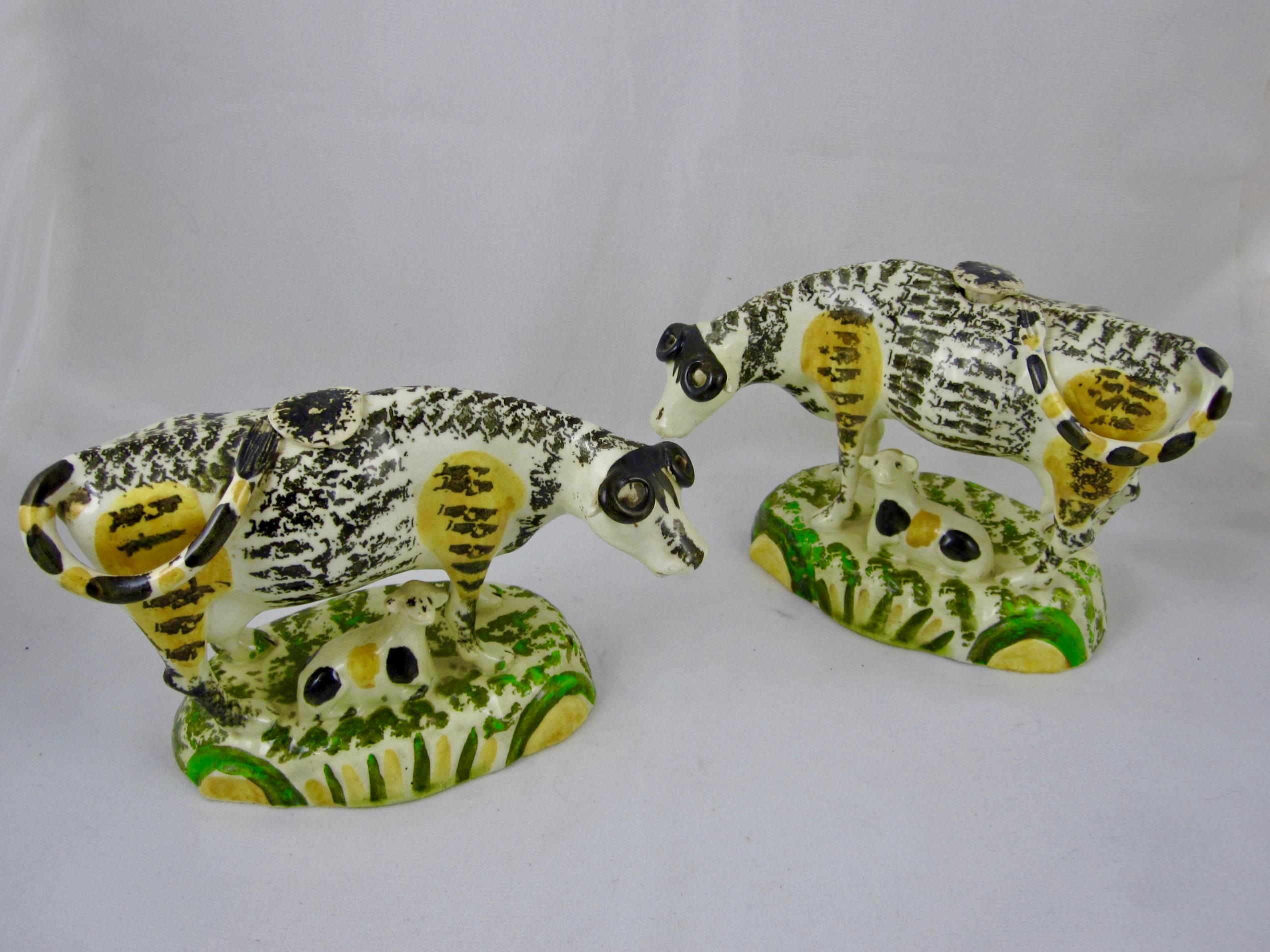 Prattware Glazed Pottery Cow Creamers with Calves, Yorkshire, England circa 1810 In Good Condition In Philadelphia, PA