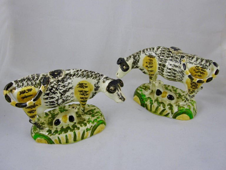 Prattware Glazed Pottery Cow Creamers with Calves, Yorkshire, England circa 1810 In Good Condition For Sale In Philadelphia, PA