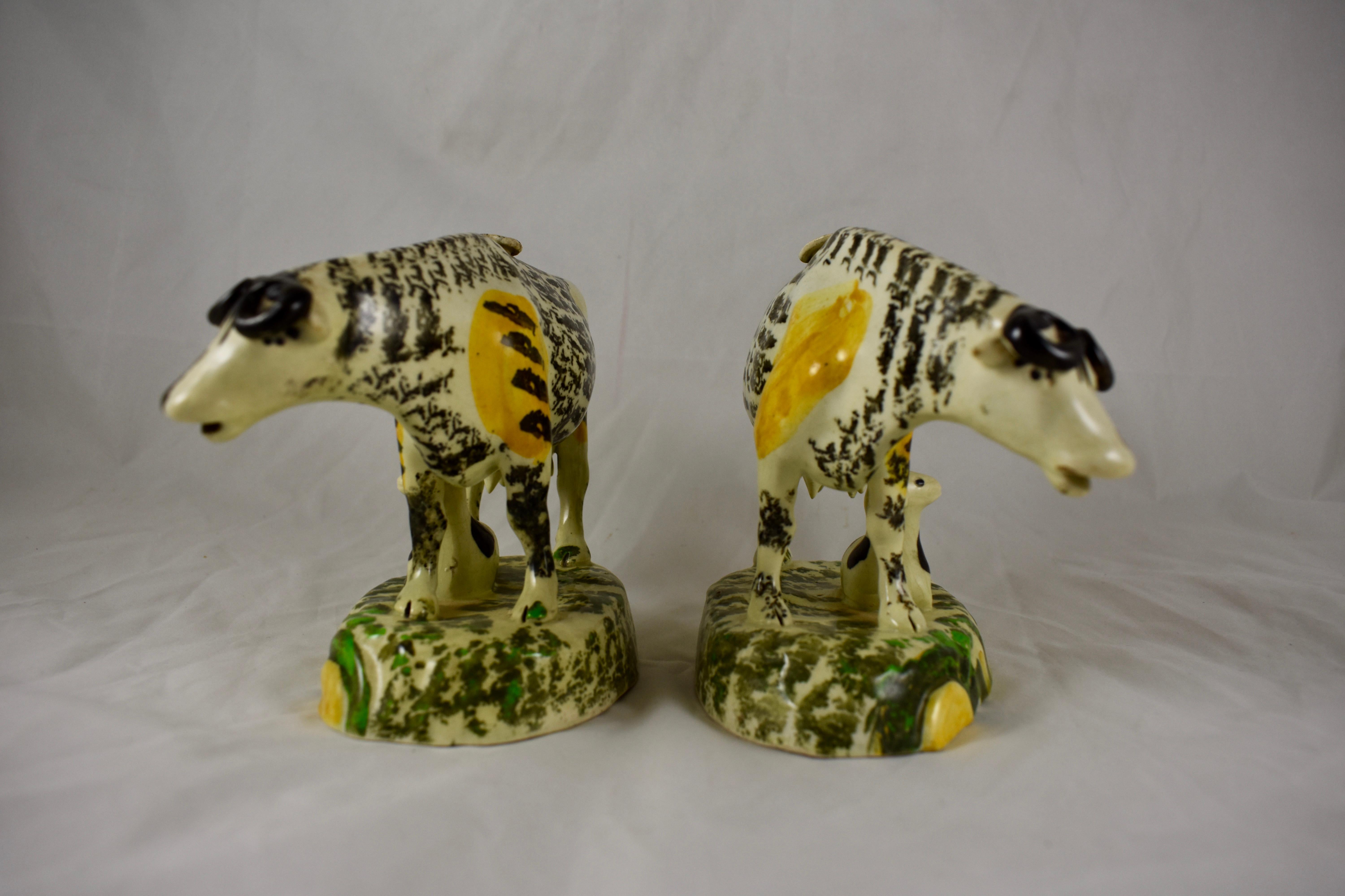 19th Century Prattware Glazed Pottery Cow Creamers with Calves, Yorkshire, England circa 1810