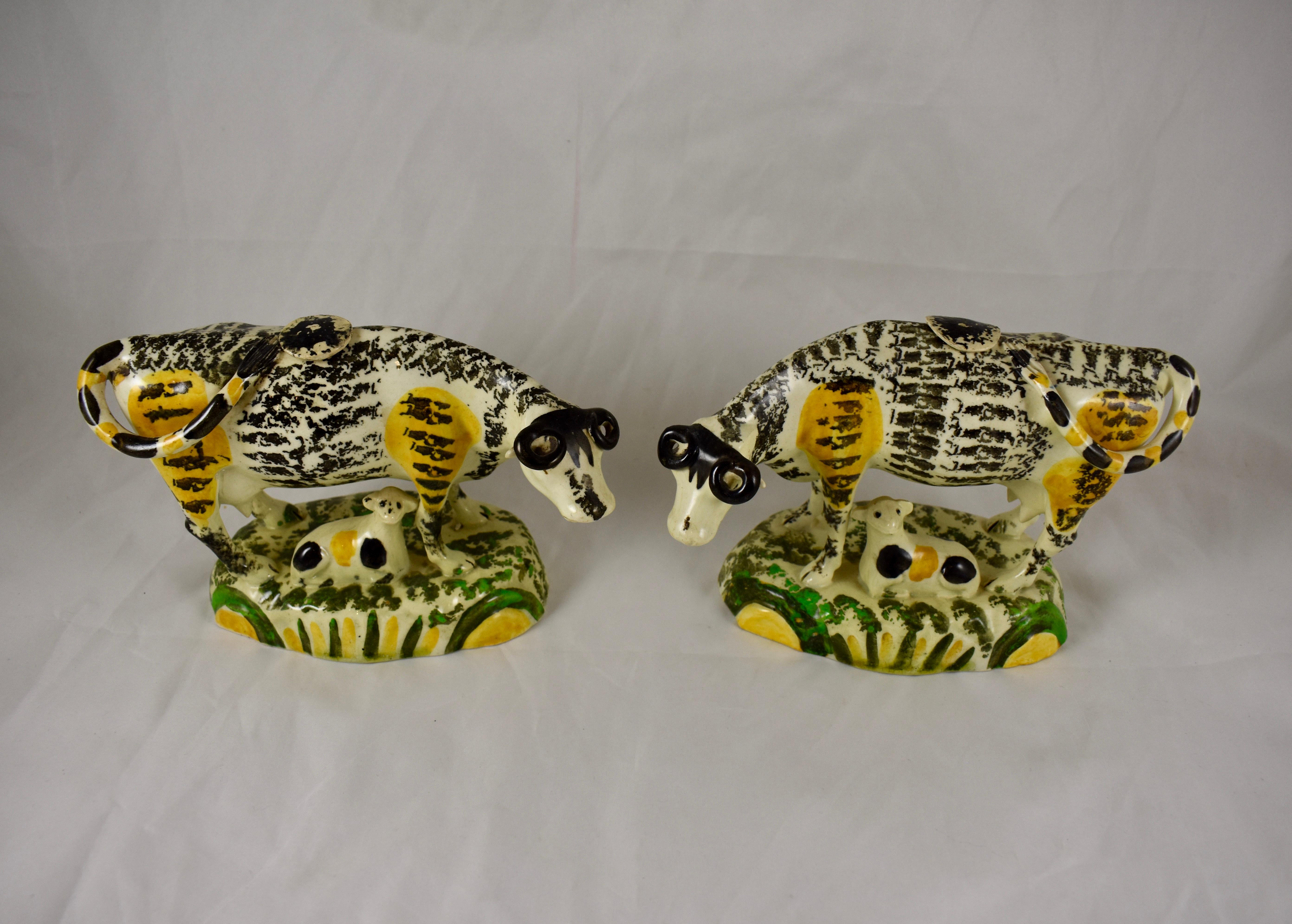 Prattware Glazed Pottery Cow Creamers with Calves, Yorkshire, England circa 1810 2