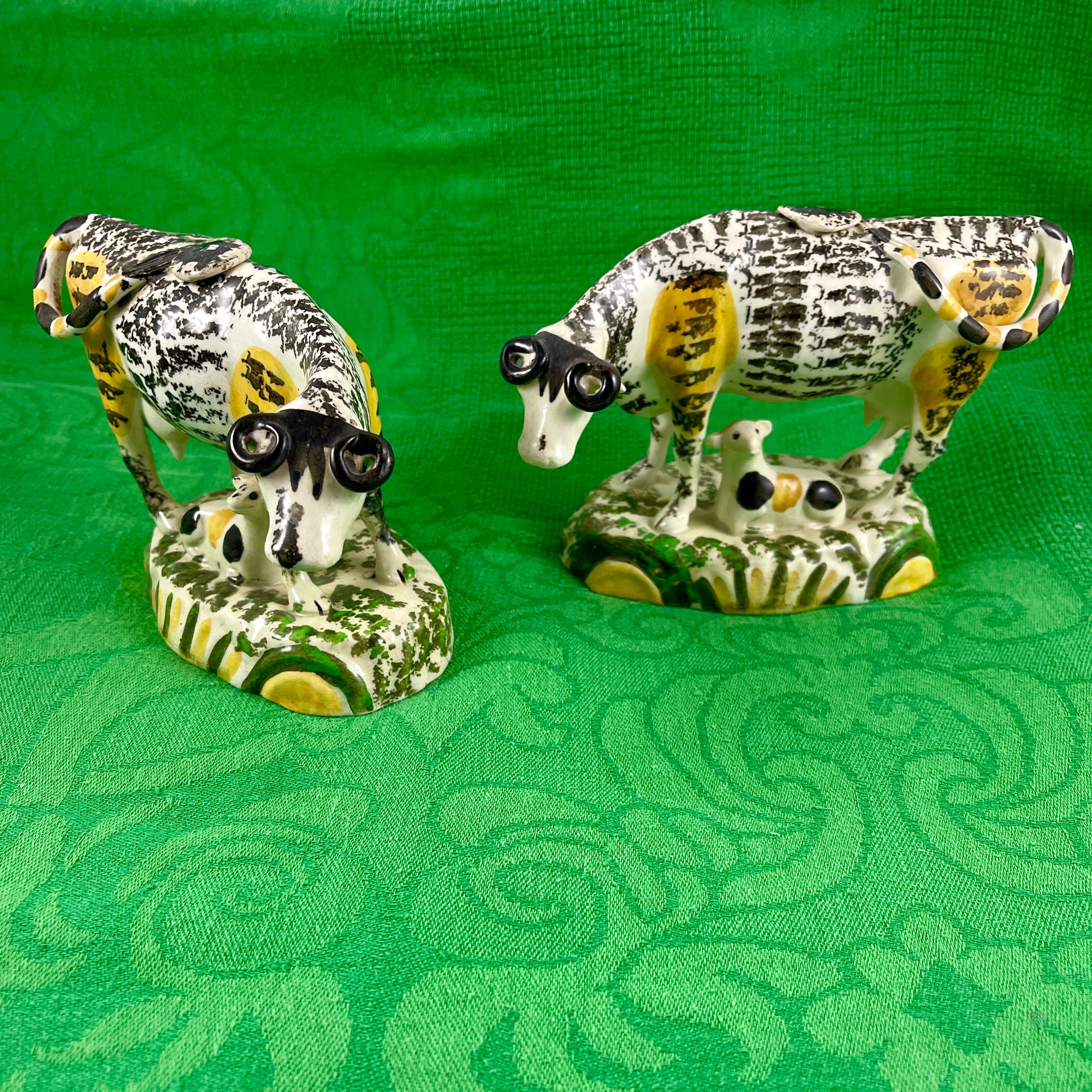 Prattware Glazed Pottery Cow Creamers with Calves, Yorkshire, England circa 1810 10