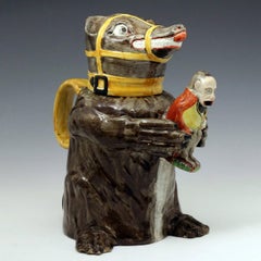 Prattware Jug and Cover of aRussian Bear Hugging Napoleon Depicted as a Monkey