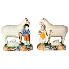 Prattware Pair of Sheep and Shepherd and Shepherdess,  Yorkshire,