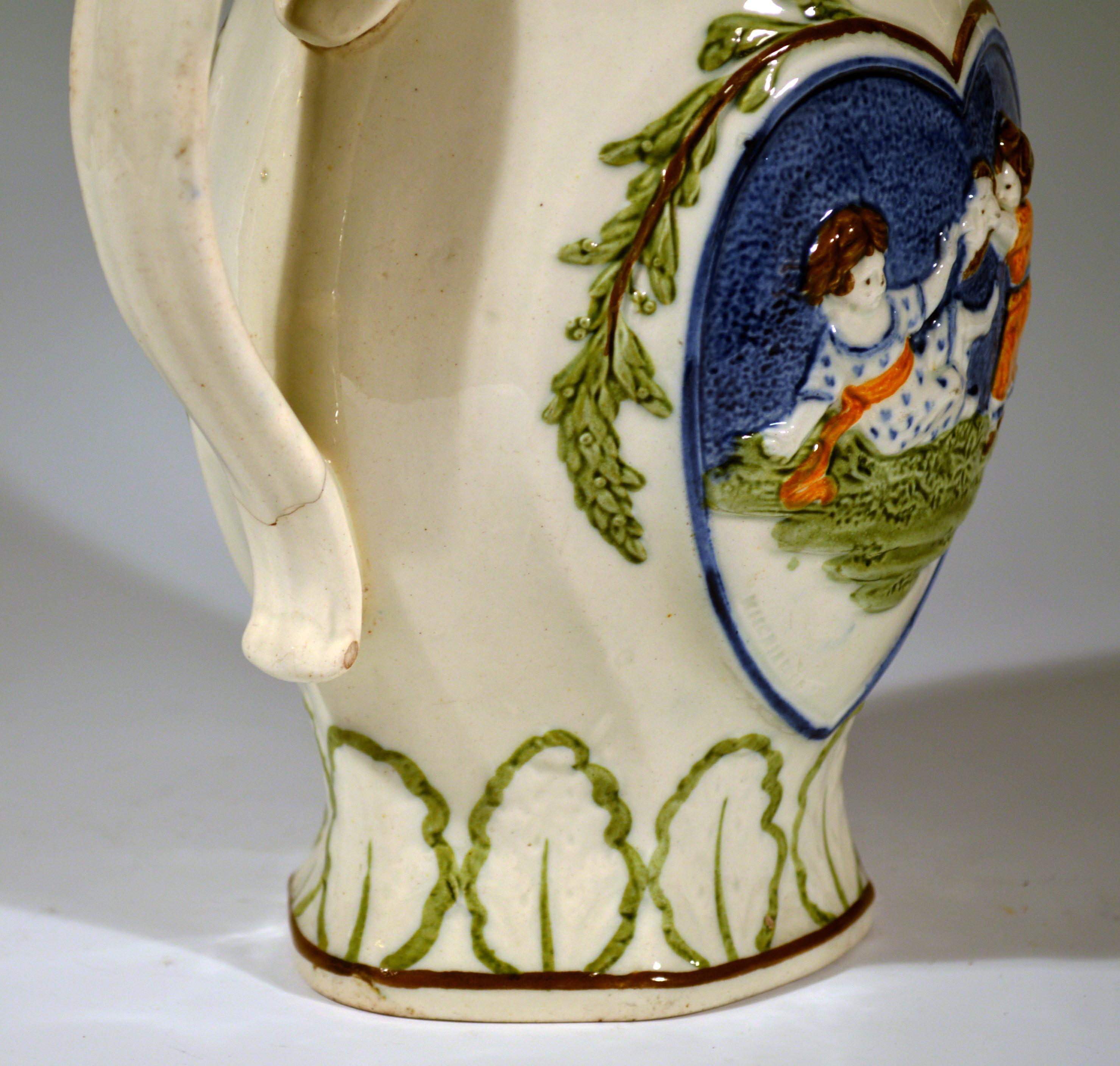 English Prattware Pearlware Jug with Children with Heart-Shaped Panels, 1810-1820