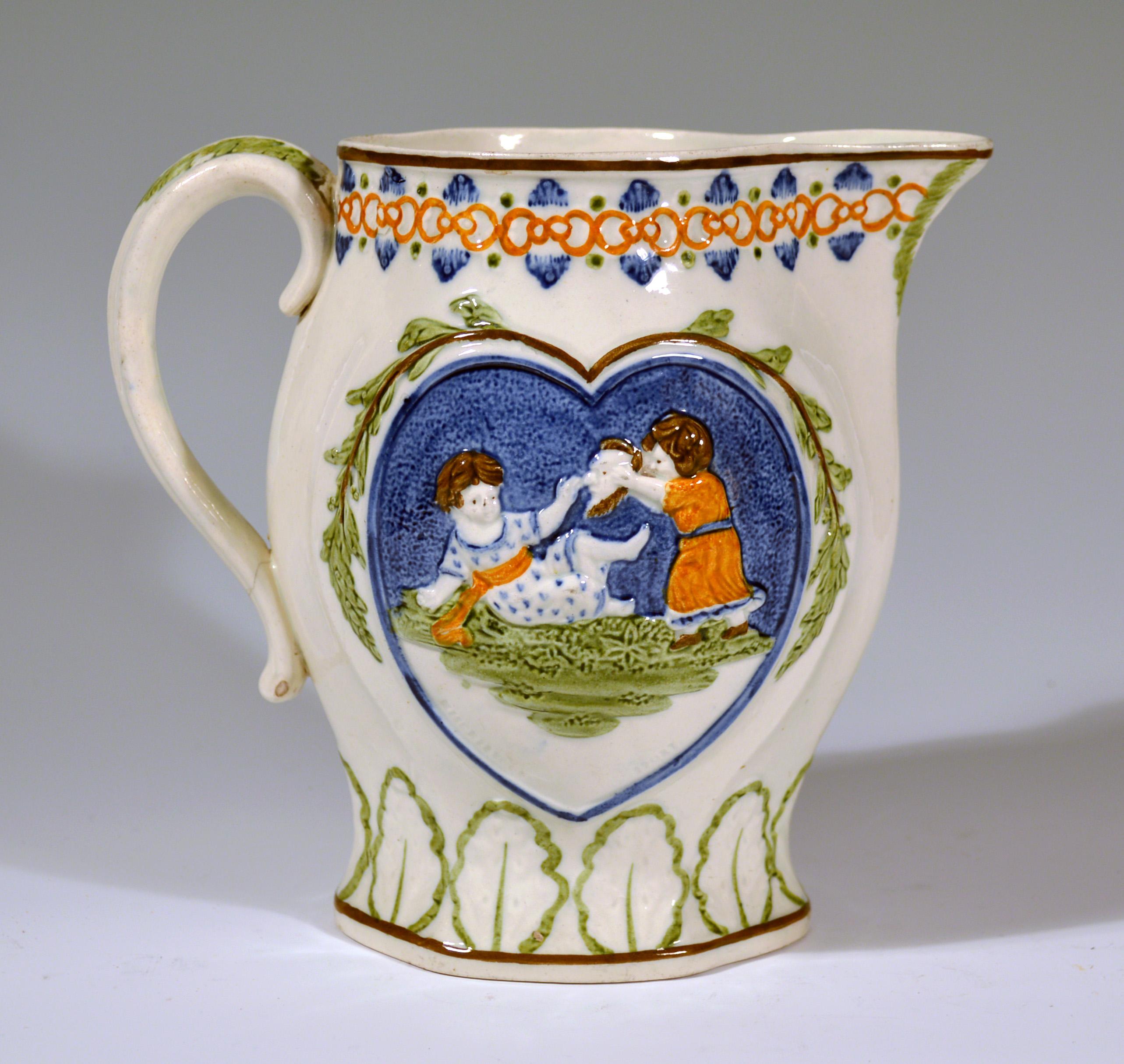 Prattware Pearlware Jug with Children with Heart-Shaped Panels, 1810-1820 In Good Condition In Downingtown, PA