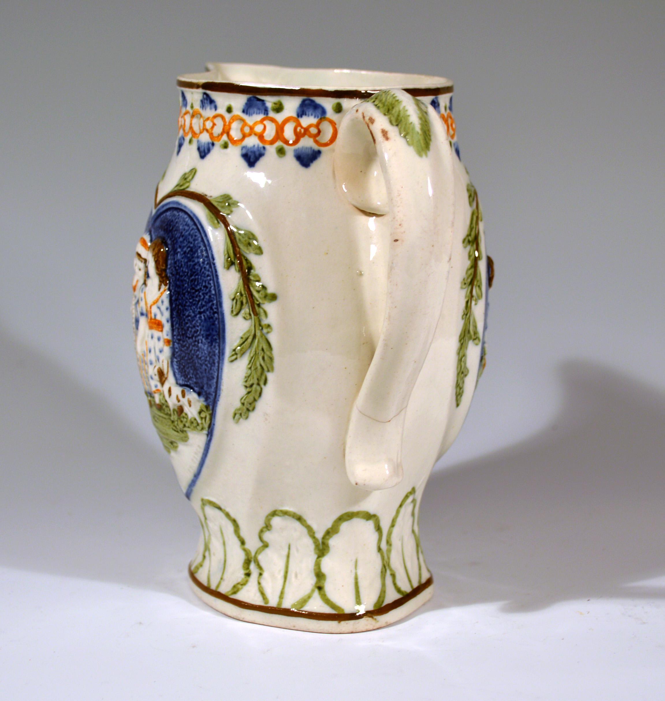 19th Century Prattware Pearlware Jug with Children with Heart-Shaped Panels, 1810-1820