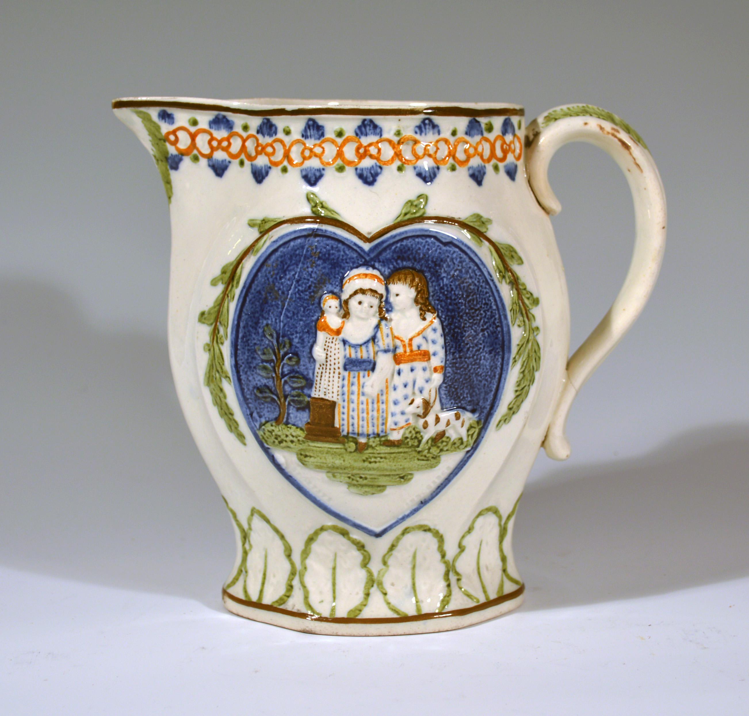 Prattware Pearlware Jug with Children with Heart-Shaped Panels, 1810-1820 1