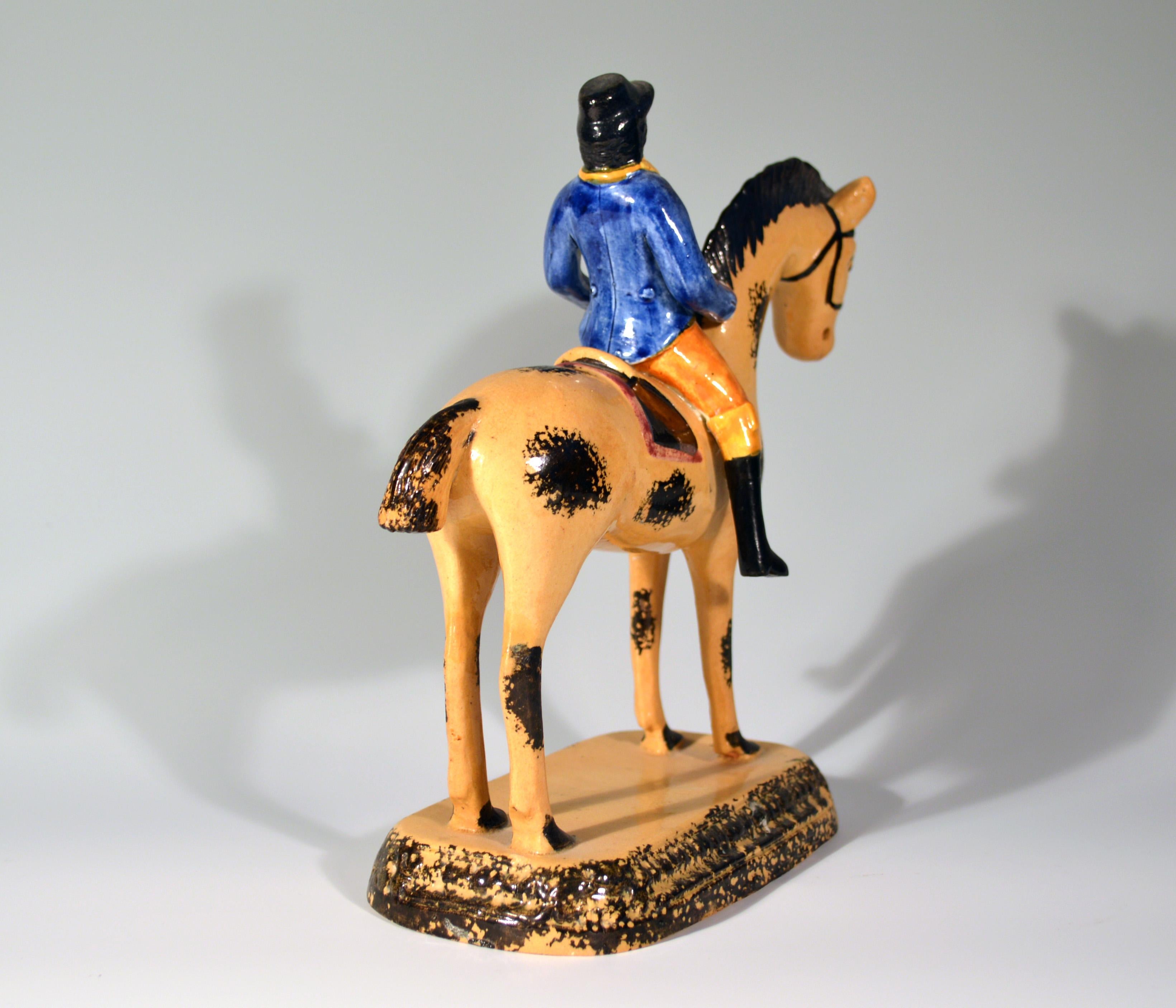 English Prattware Pearlware Large Figure of Horse & Rider, Yorkshire,  circa 1800-1825
