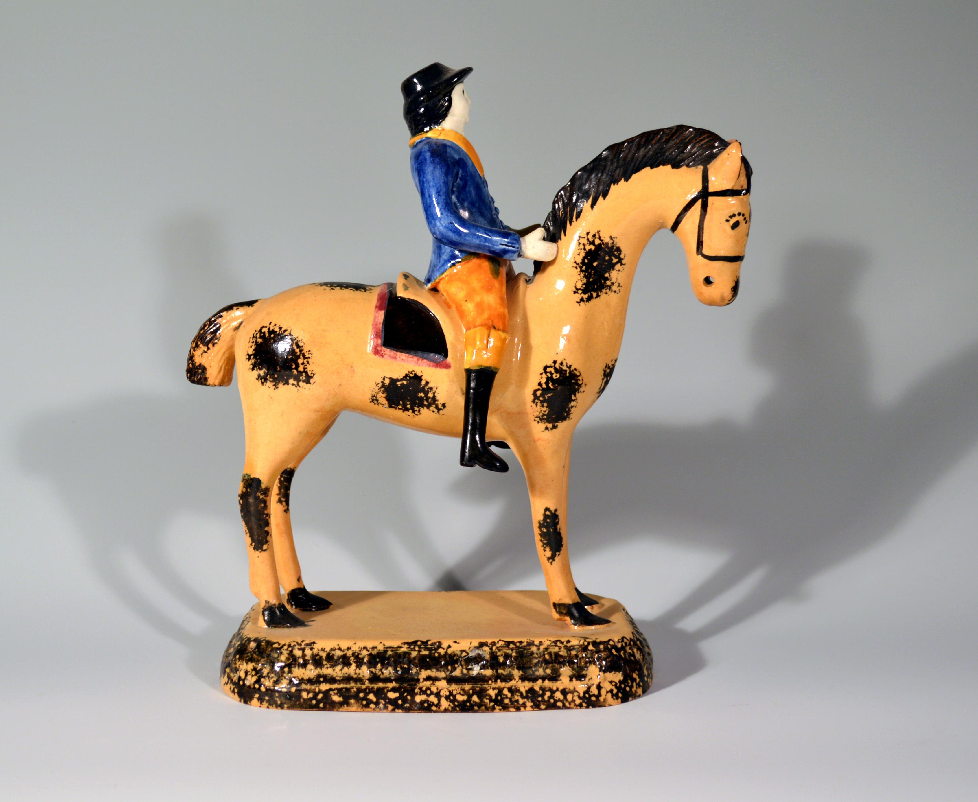 Prattware Pearlware Large Figure of Horse & Rider, Yorkshire,  circa 1800-1825 In Good Condition In Downingtown, PA