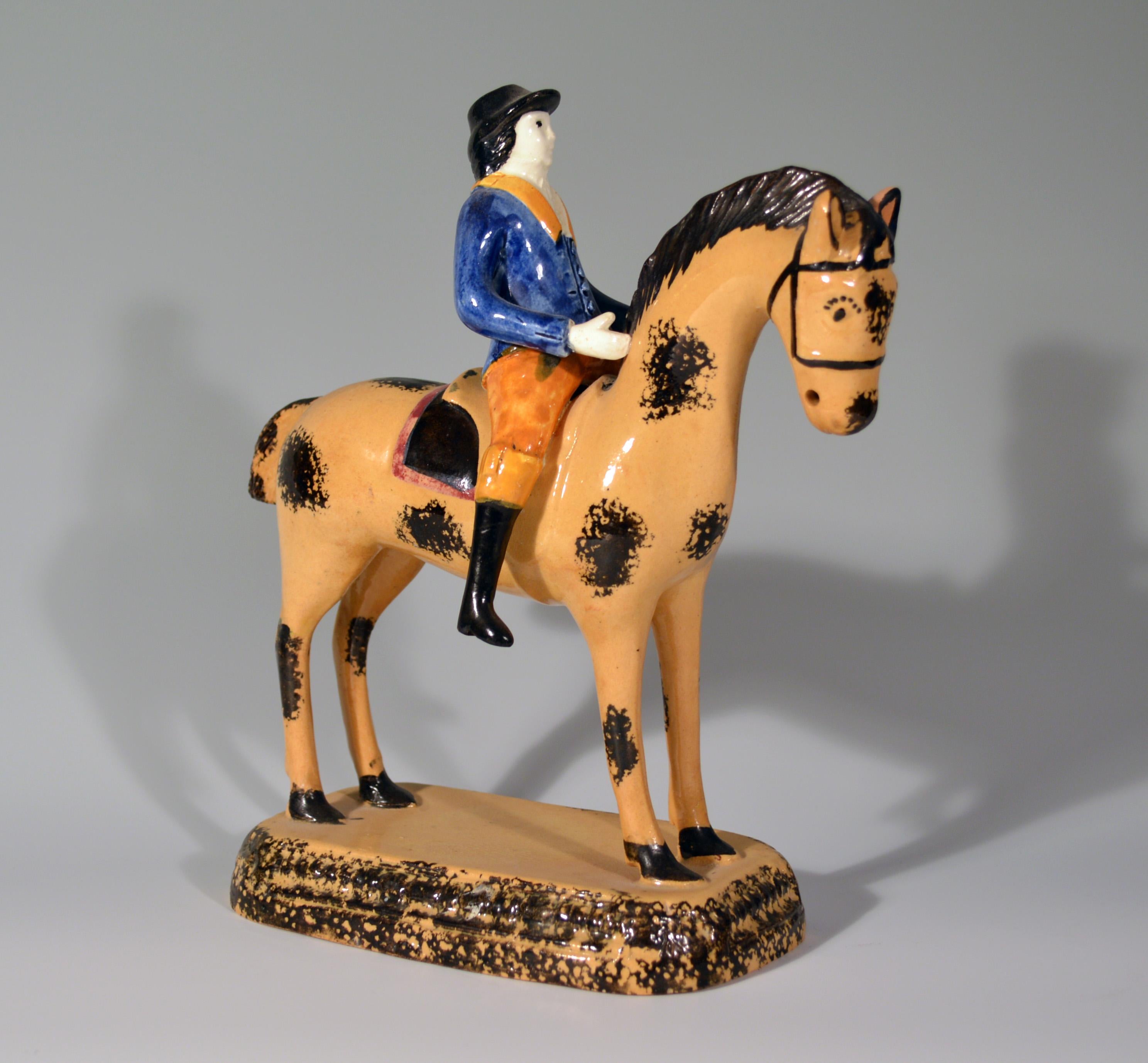 19th Century Prattware Pearlware Large Figure of Horse & Rider, Yorkshire,  circa 1800-1825