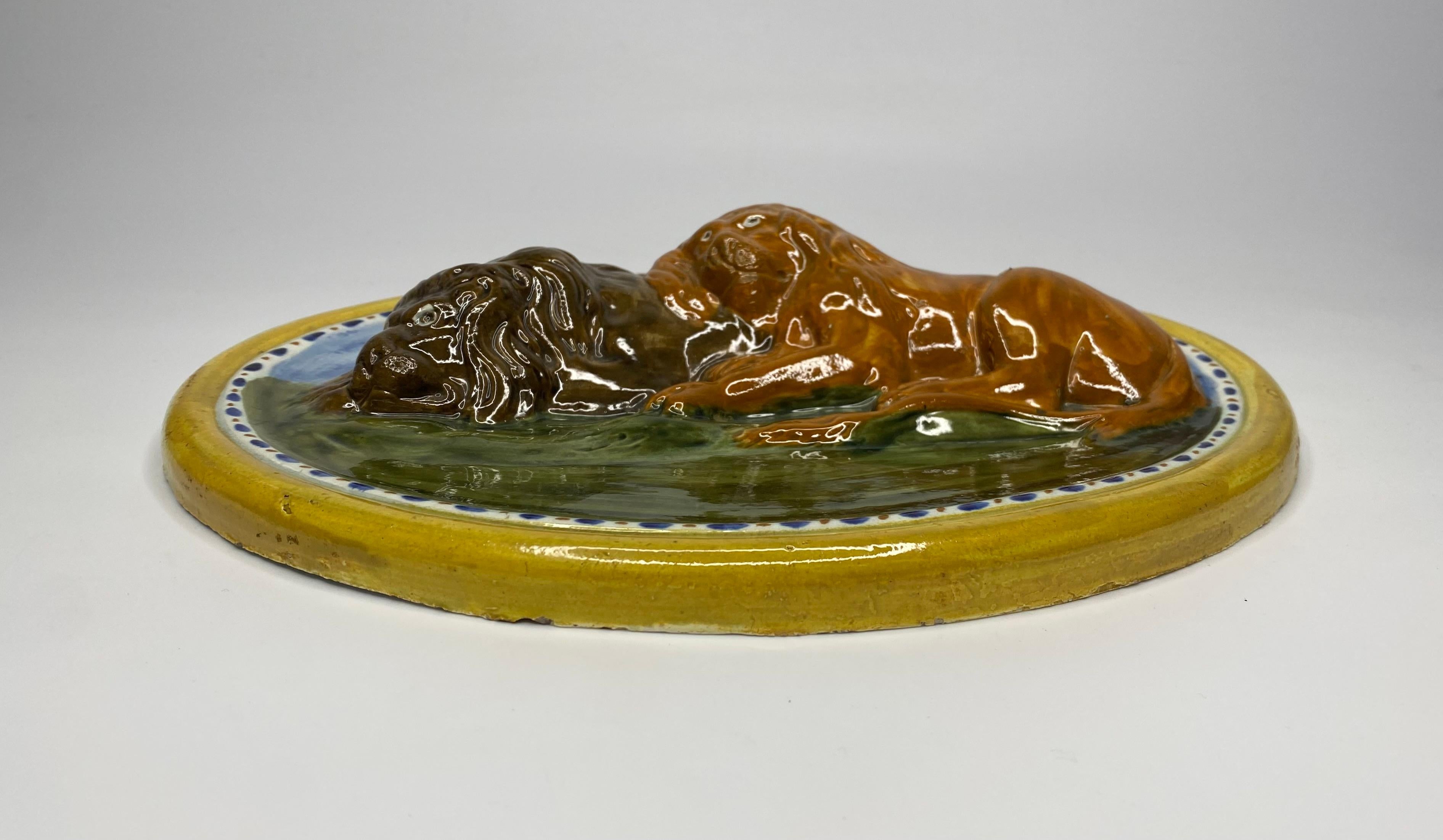 English Prattware pottery ‘Lions’ plaque, Staffordshire, c. 1810. For Sale