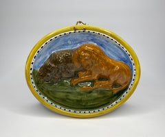 Antique Prattware pottery ‘Lions’ plaque, Staffordshire, c. 1810.