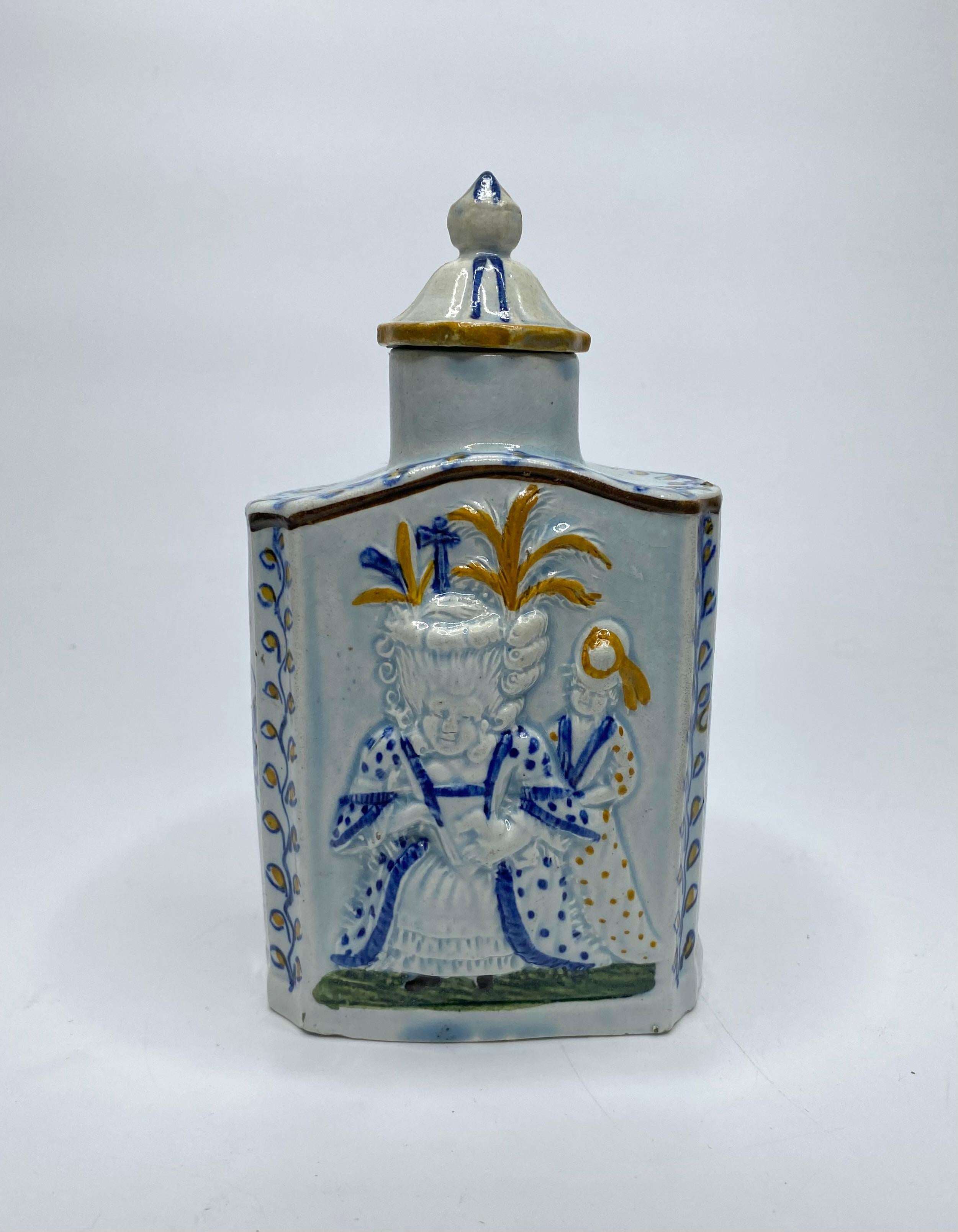 Georgian Prattware pottery ‘Macaroni’ tea caddy and cover, c. 1800.