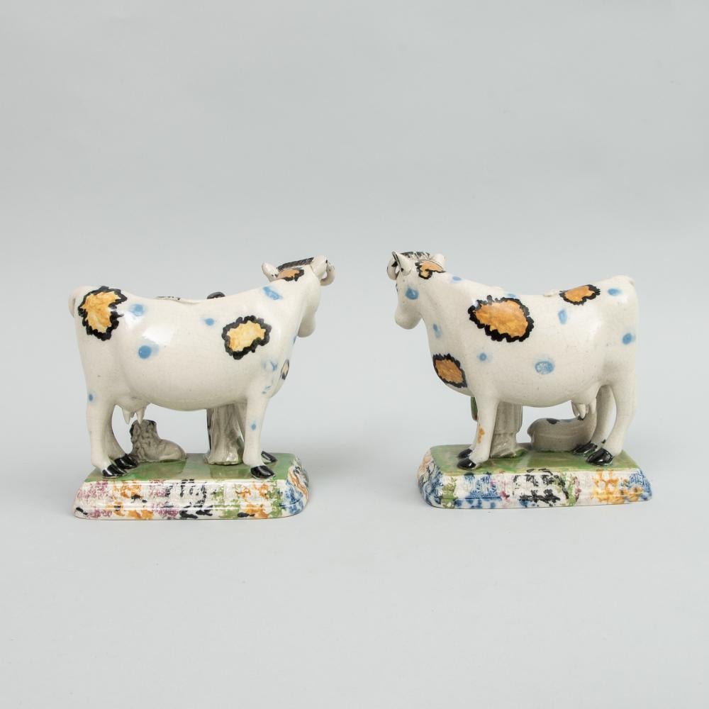 Georgian Prattware Pottery Models of Cows with Figures, Yorkshire, 1810-1820