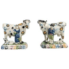 Antique Prattware Pottery Models of Cows with Figures, Yorkshire, 1810-1820