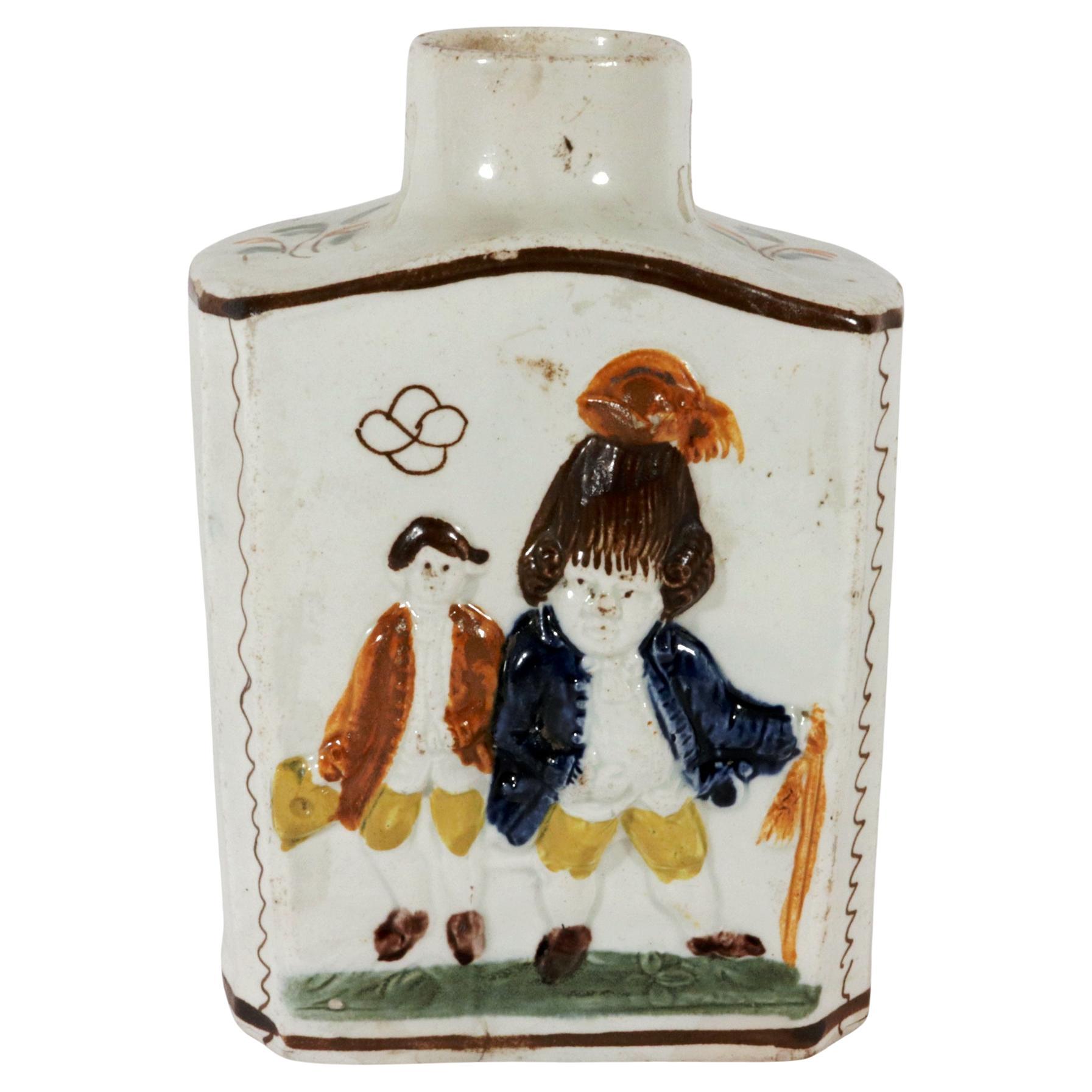 Bote de té de cerámica Prattware Pearlware, figuras de macarrones