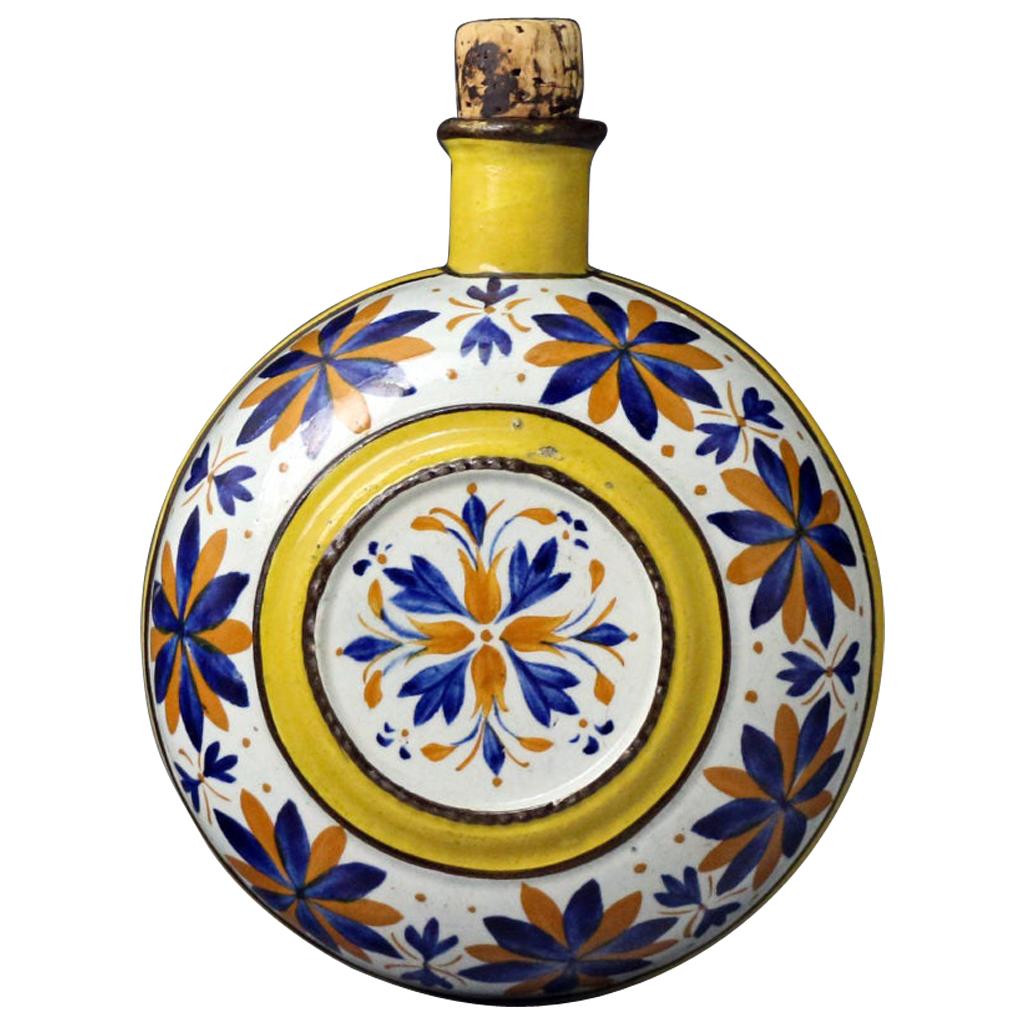 Prattware Pottery Spirit Flask Decorated with Dark Ochre and Blue Flowers, 1815 For Sale