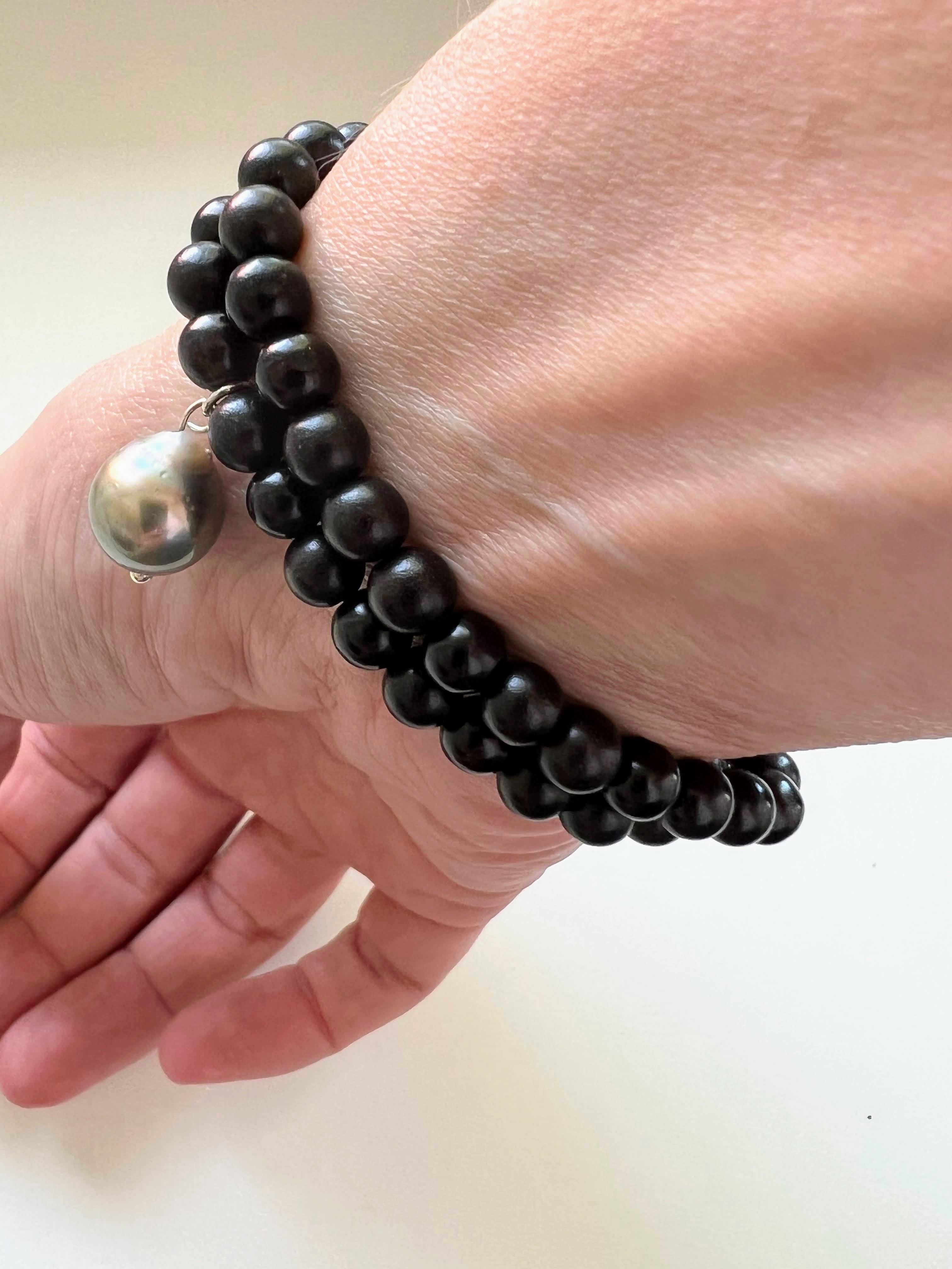 Modern Prayer bracelet/necklace with ebony beads, Golden South Sea and Tahiti pearls For Sale