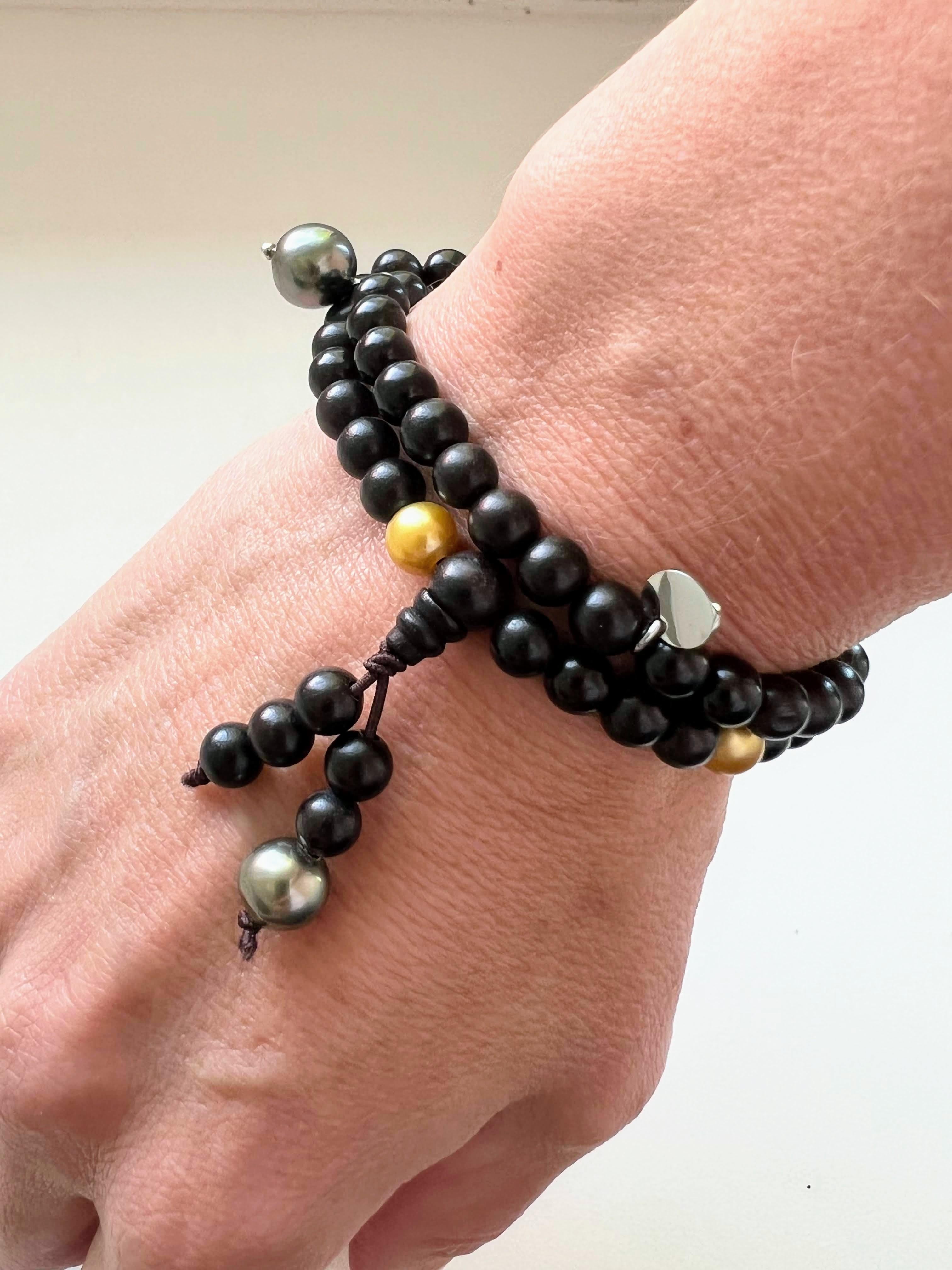 Bead Prayer bracelet/necklace with ebony beads, Golden South Sea and Tahiti pearls For Sale