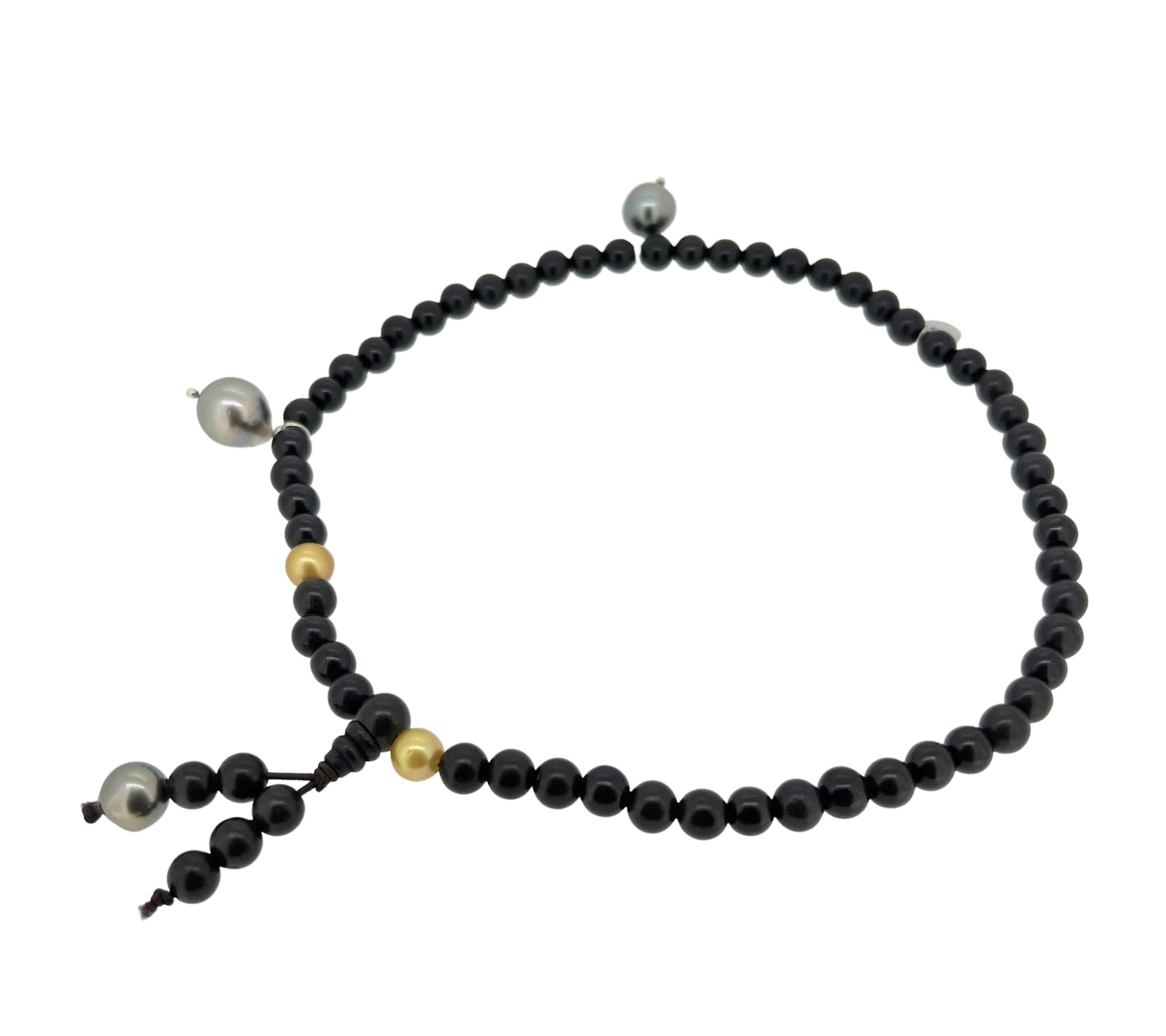 Prayer bracelet/necklace with ebony beads, Golden South Sea and Tahiti pearls In New Condition For Sale In Boostedt, SH