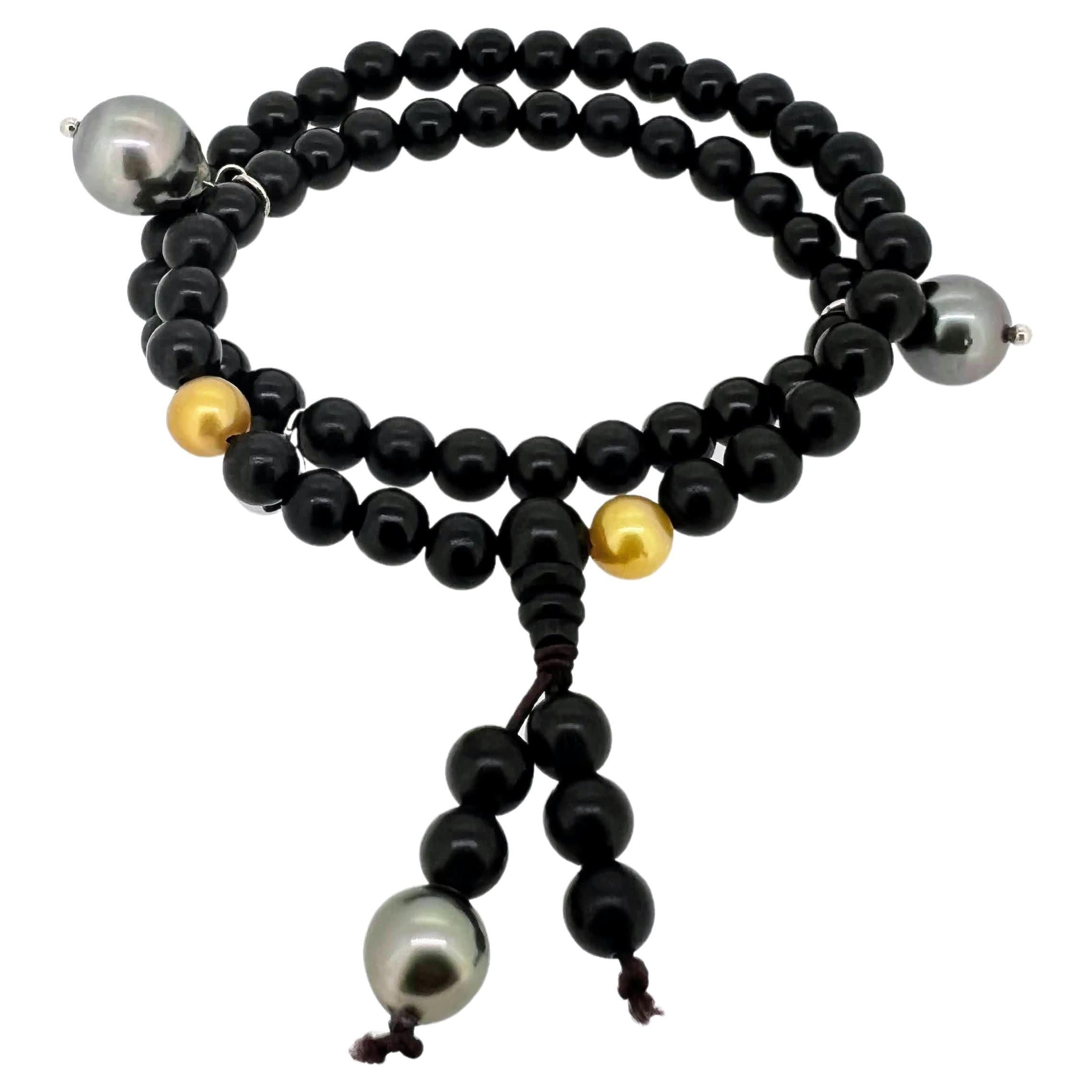 Prayer bracelet/necklace with ebony beads, Golden South Sea and Tahiti pearls For Sale