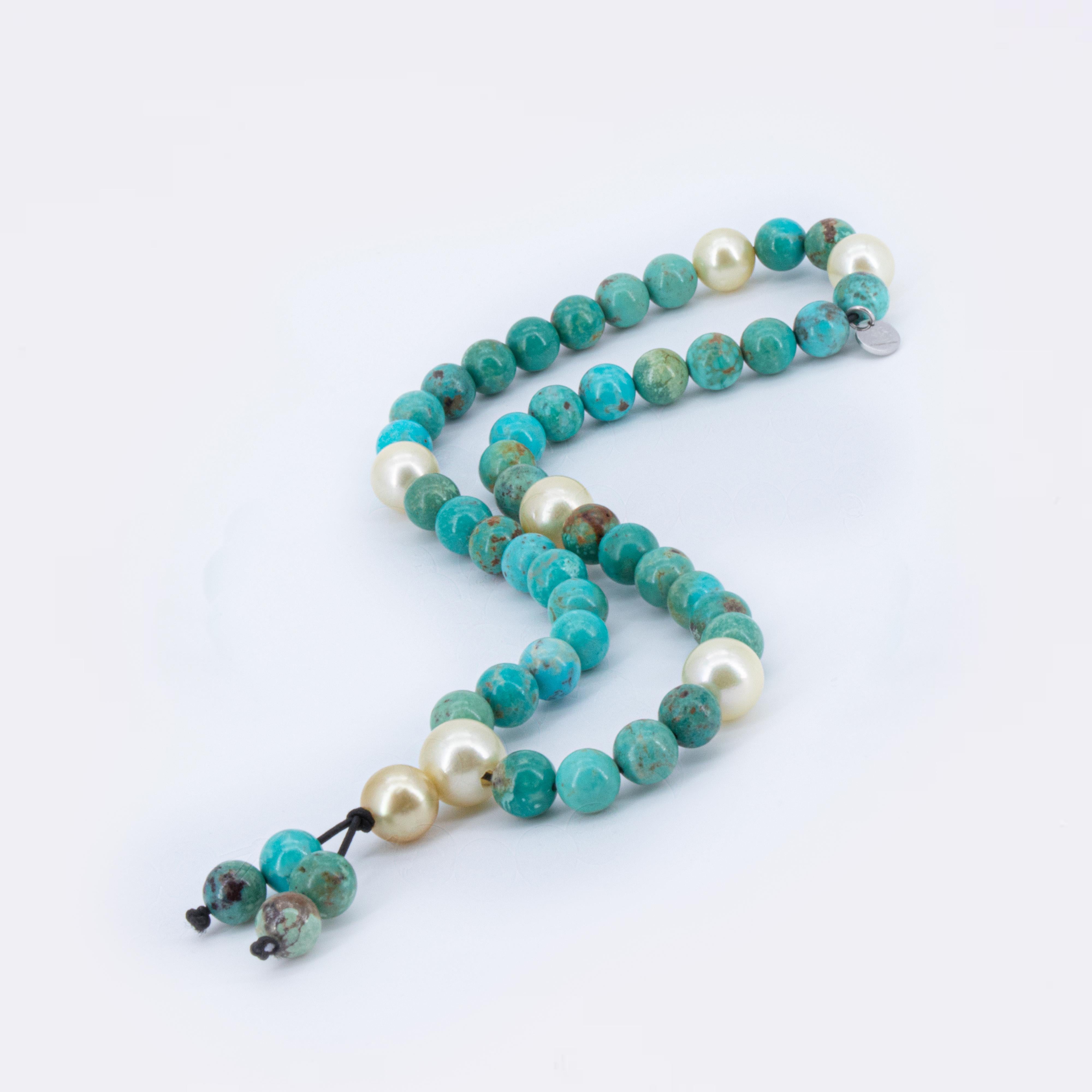 Prayer bracelet/ necklace with natural turquoises and Golden South Sea pearls In New Condition In Boostedt, SH