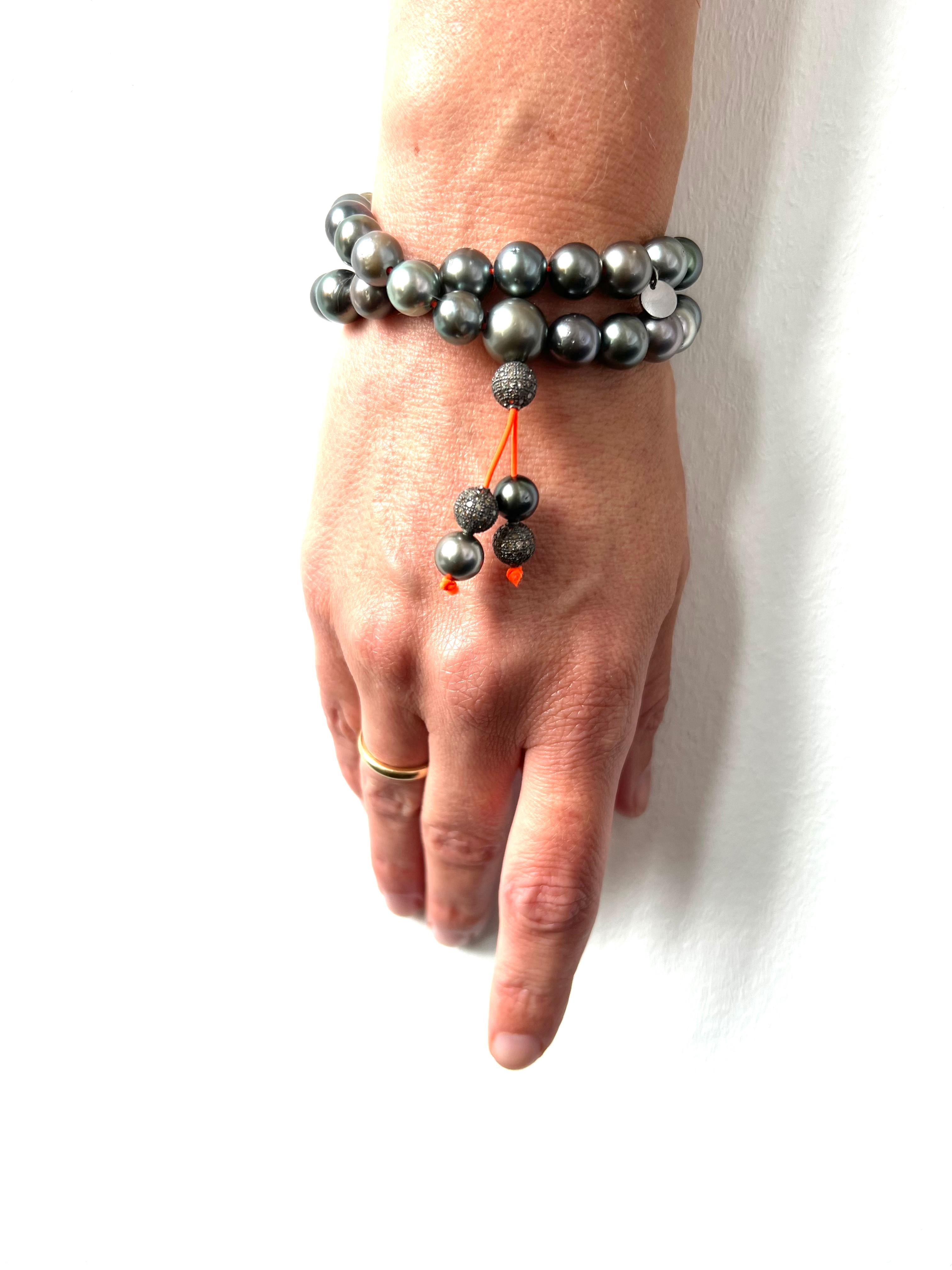 Bead Prayer bracelet/necklace with Tahiti pearls and silver encrusted diamond beads For Sale