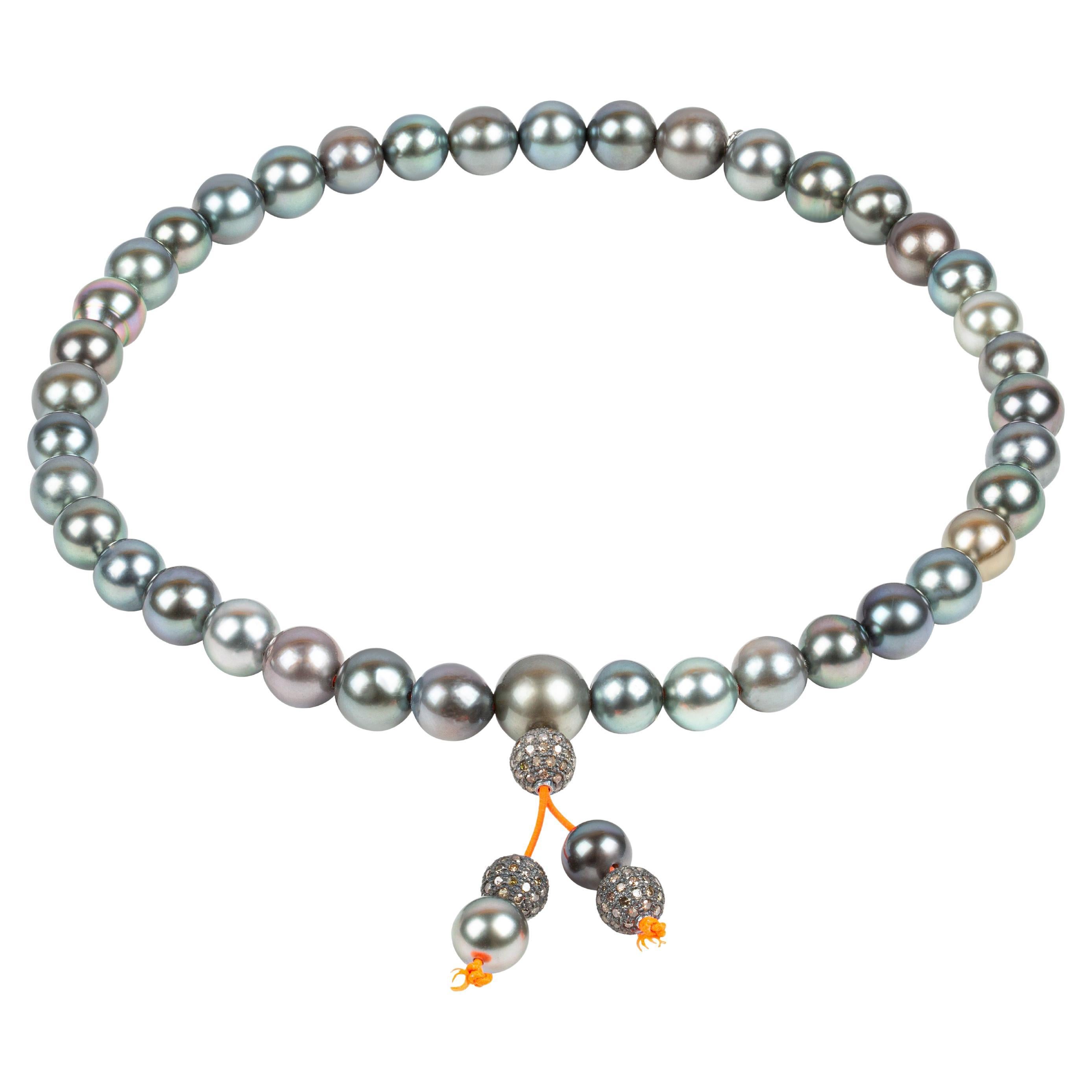 Prayer bracelet/necklace with Tahiti pearls and silver encrusted diamond beads For Sale