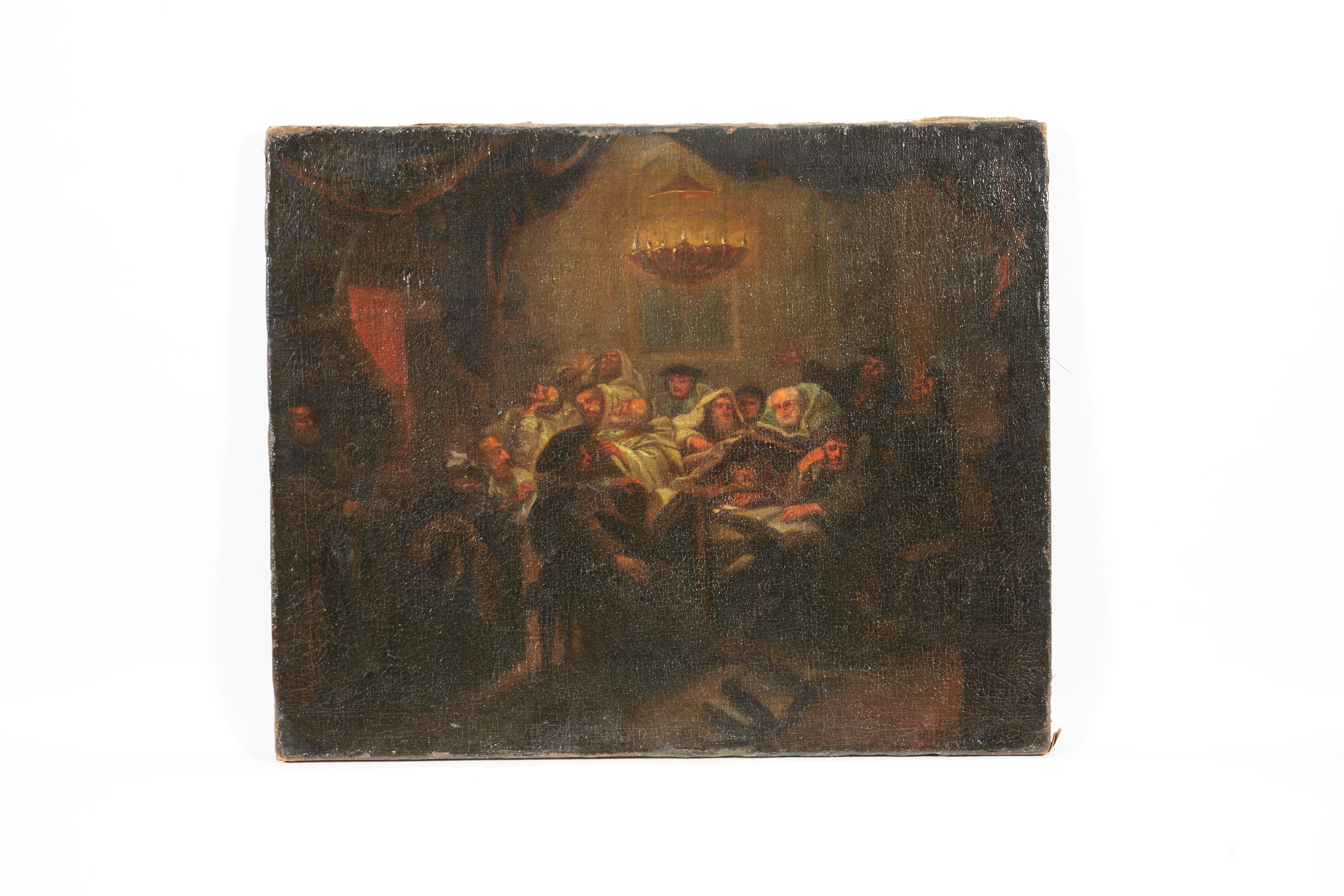 Fine peinture italienne de maître ancien, vers 1750. 
Juifs italiens en prière à l'intérieur de la synagogue. Étonnante dans son exécution, belle œuvre d'art, bon état, sans cadre.