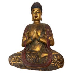 Vintage Praying Buddah gilded gold carved wooden sculpture