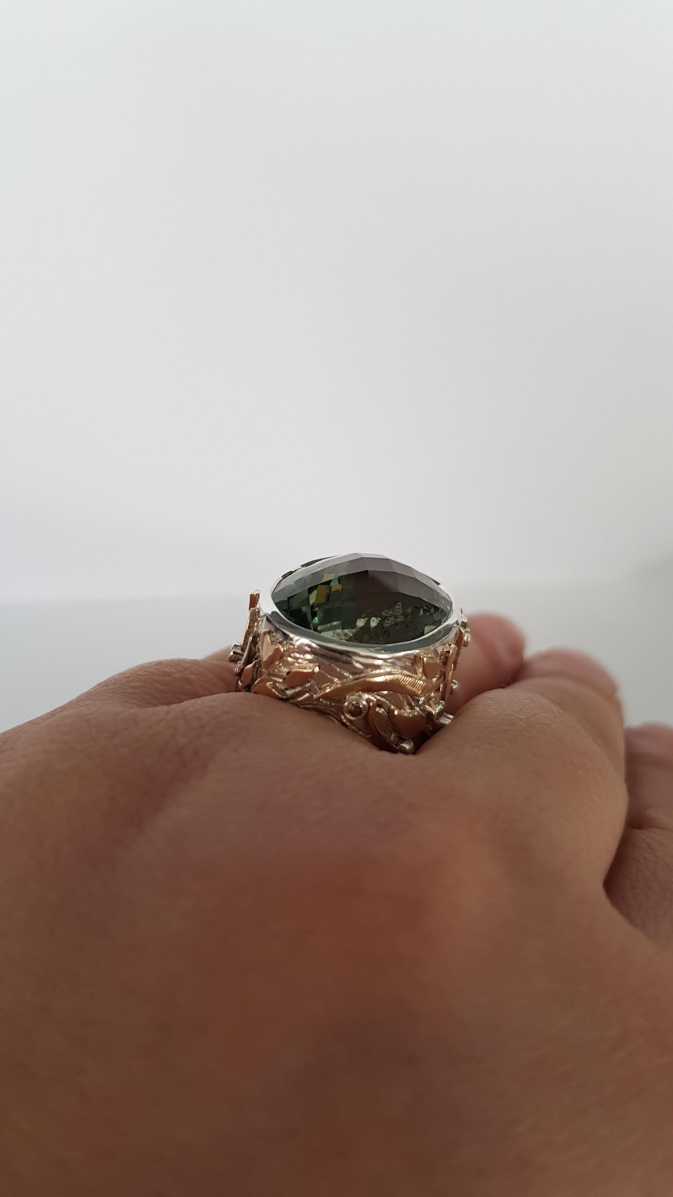 Contemporary Prazolite and Diamond Ring in Silver and Gold For Sale