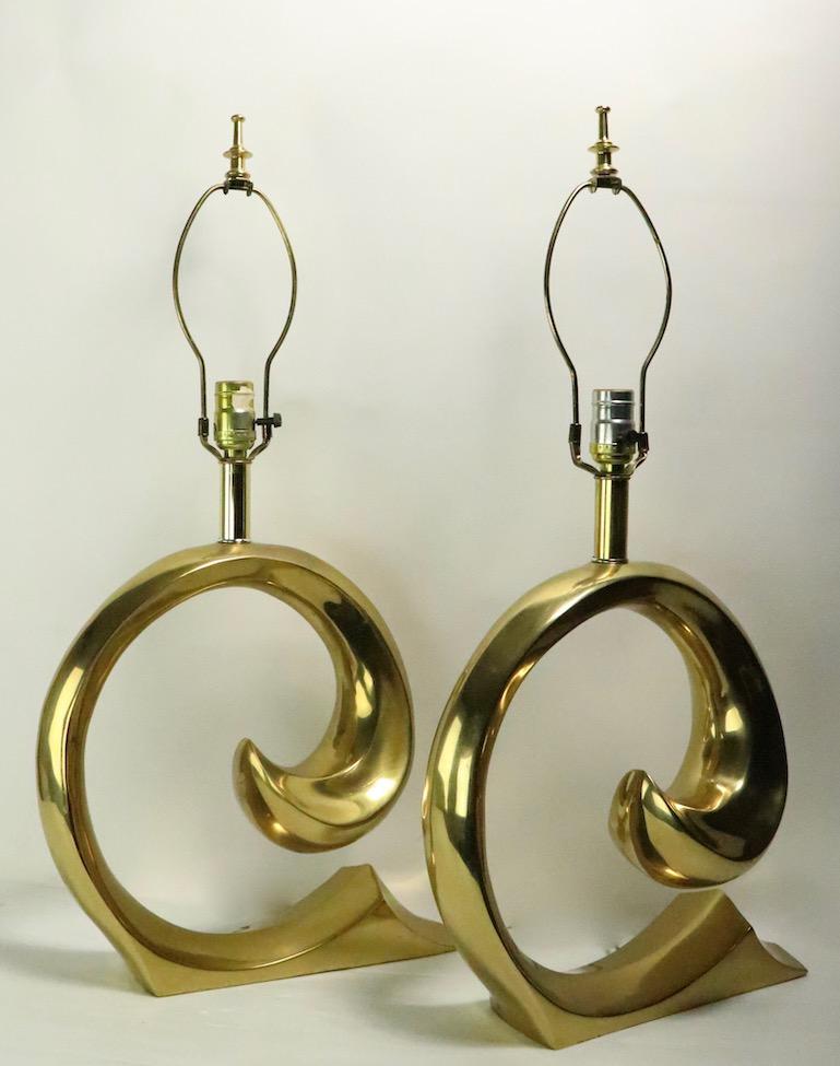 Pair of Brass Wave Lamps by Erwin Lambeth Design Attributed to Pierre Cardin 2