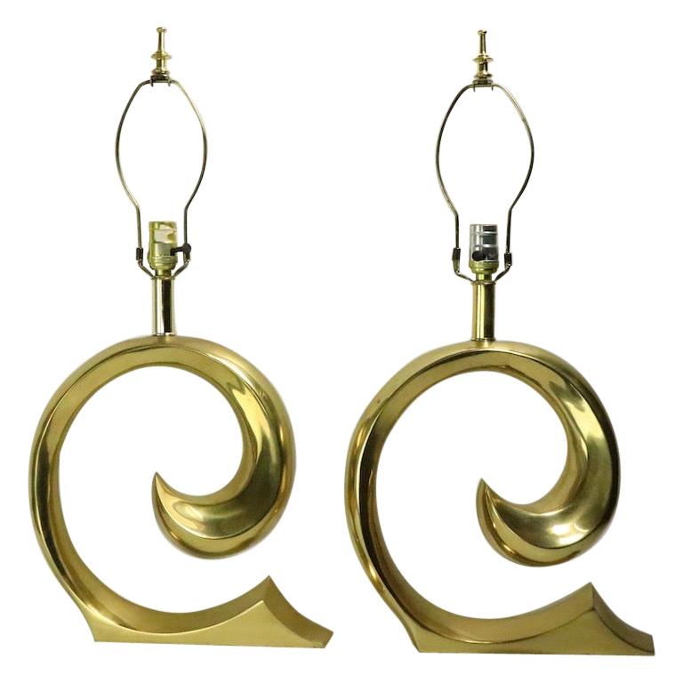Pair of Brass Wave Lamps by Erwin Lambeth Design Attributed to Pierre Cardin
