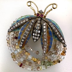 Pre-1920 Plique-à-Jour Enamel, Diamond & Ruby Insect Pendant in 18K Gold