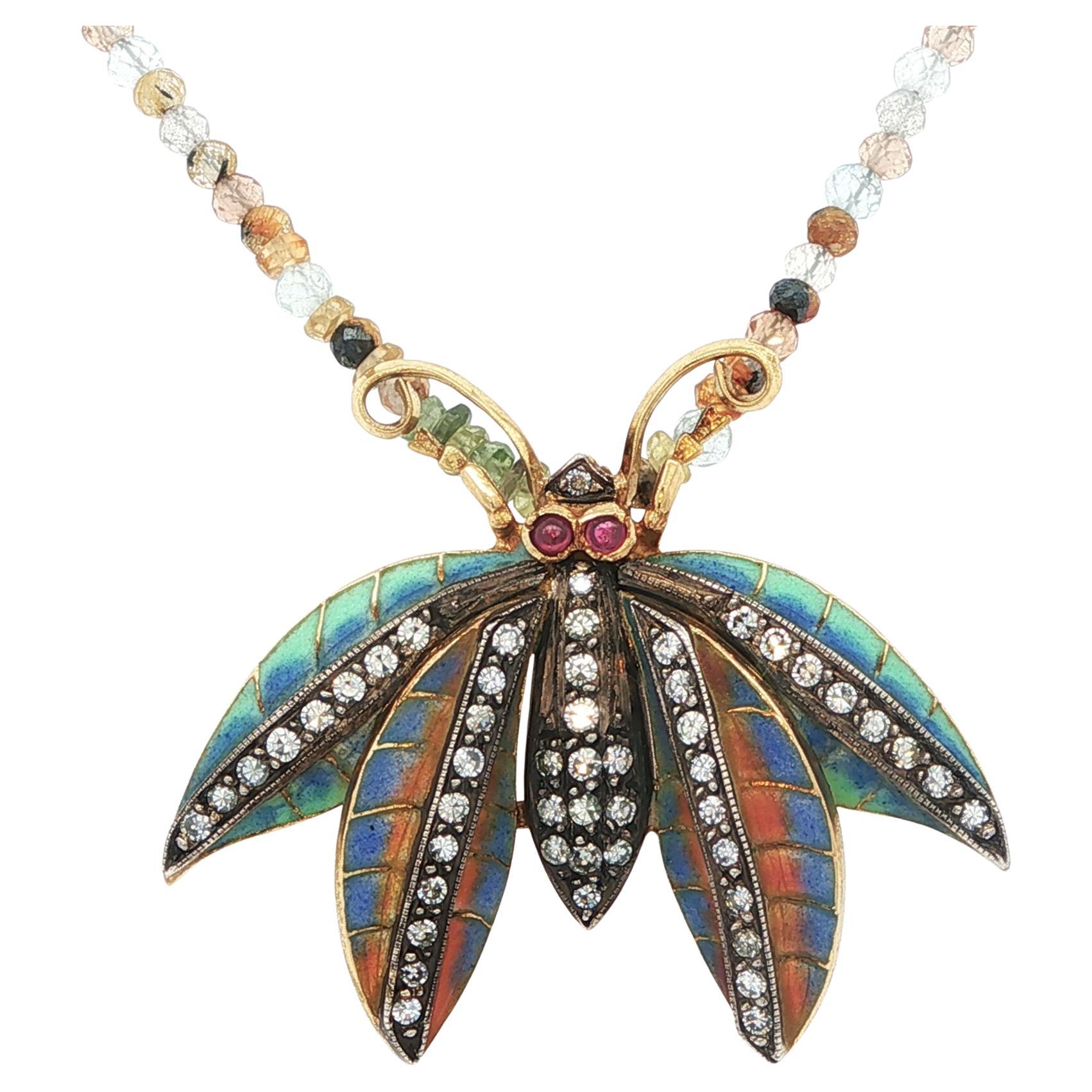 Pre-1920 Plique-à-Jour Enamel, Diamond
Ruby Insect Pendant in 18K Gold