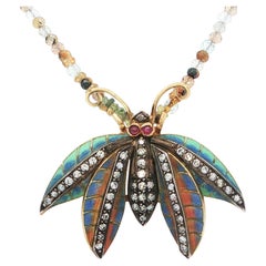 Pre-1920 Plique-à-Jour Enamel, Diamond & Ruby Insect Pendant in 18K Gold