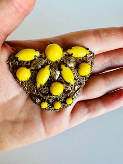 Pre 1920s Art Nouveau Yellow Glass Gold Filigree Dress Clip