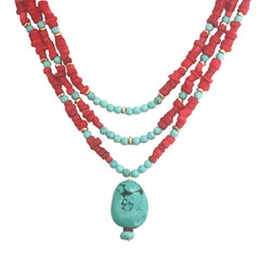 Pre-appraised Natural Coral & Turquoise Necklace Set w/ Turquoise Nugget Pendant