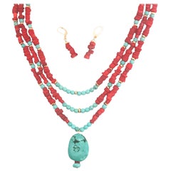 Pre-appraised Natural Coral & Turquoise Necklace Set w/ Turquoise Nugget Pendant
