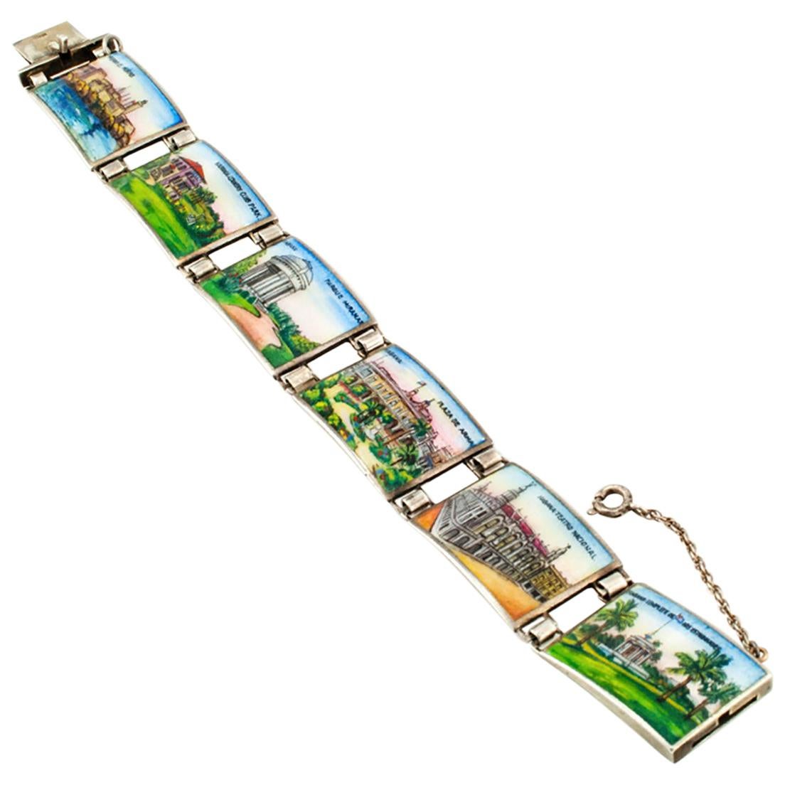 Pre Castro Habana Cuba Travel Souvenir Bracelet Enamel Silver