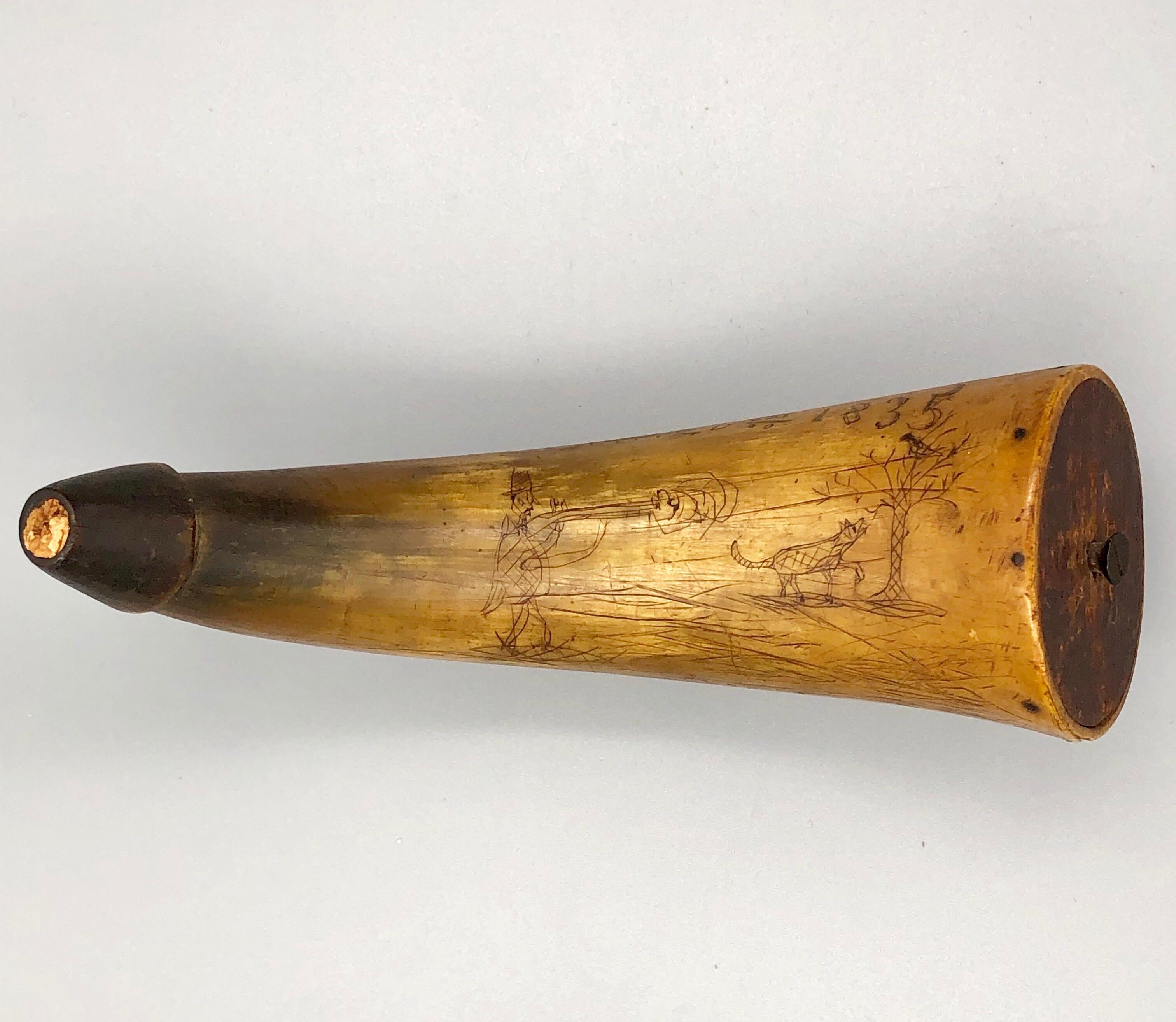 Mid-19th Century Pre-Civil War Antique Etched Powder Horn, 1835 Americana Folk Art Scrimshaw
