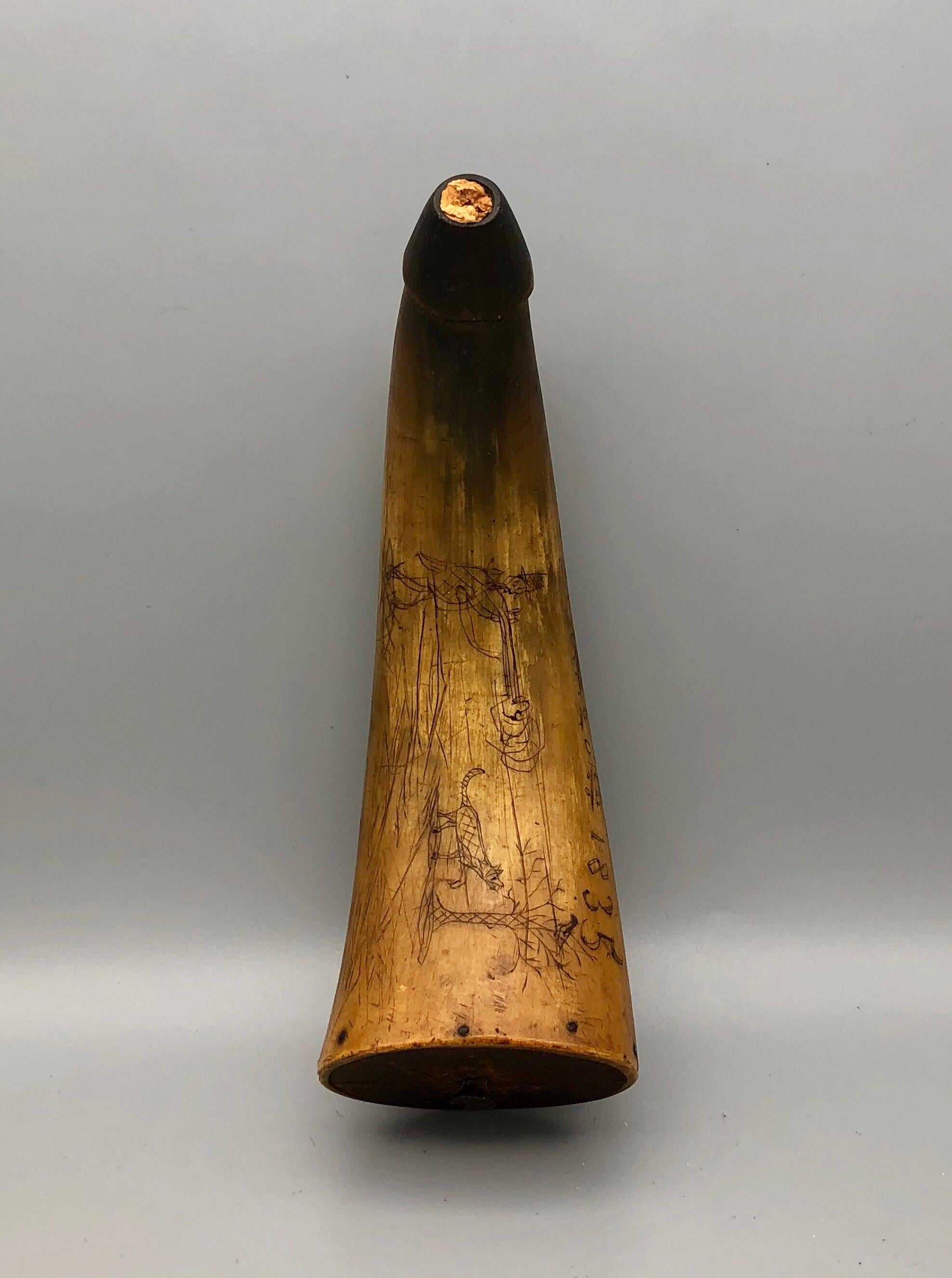 Pre-Civil War Antique Etched Powder Horn, 1835 Americana Folk Art Scrimshaw 1