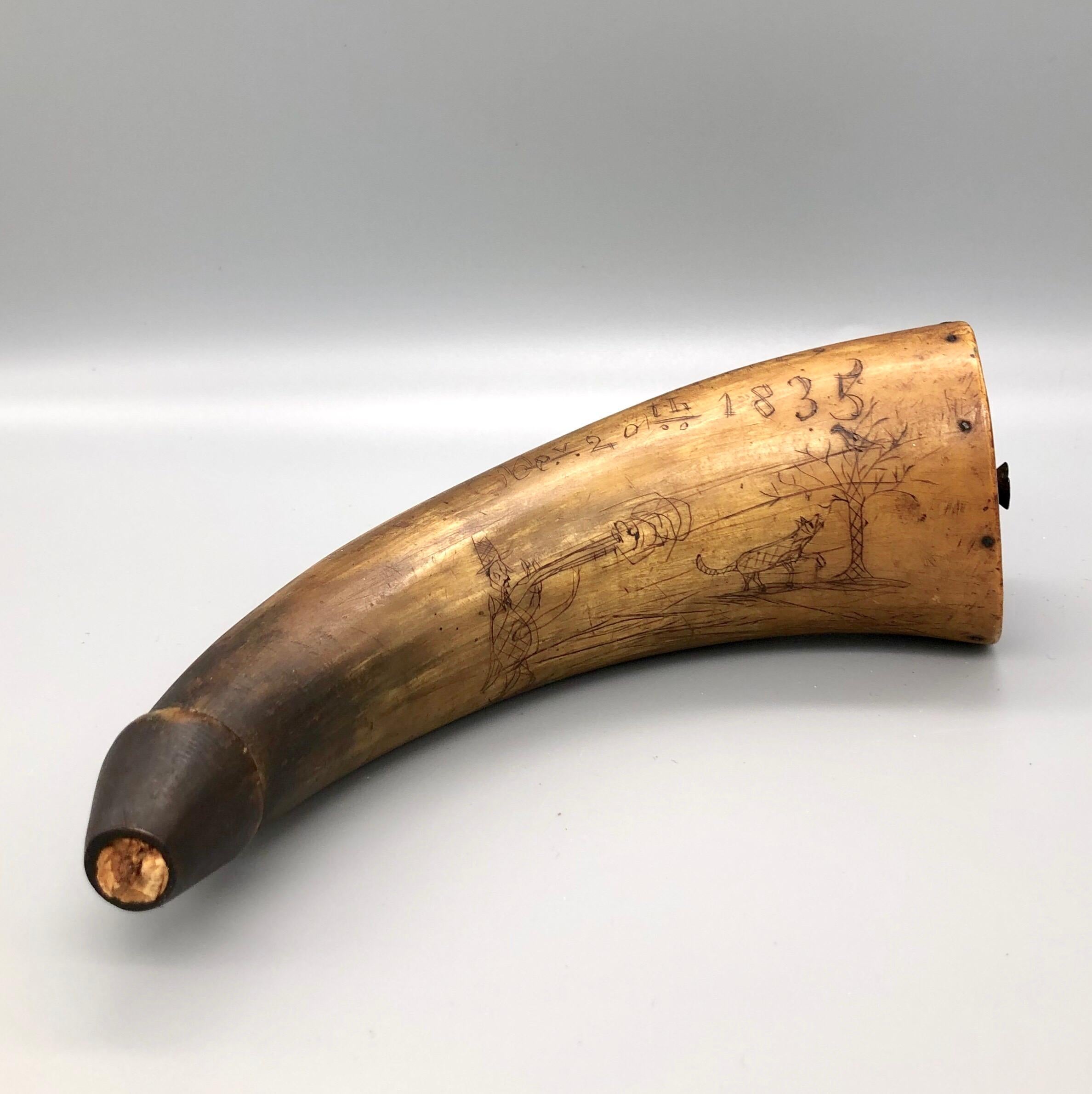 Pre-Civil War Antique Etched Powder Horn, 1835 Americana Folk Art Scrimshaw 4