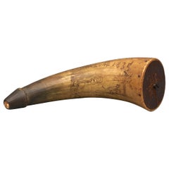 Pre-Civil War Antique Etched Powder Horn, 1835 Americana Folk Art Scrimshaw