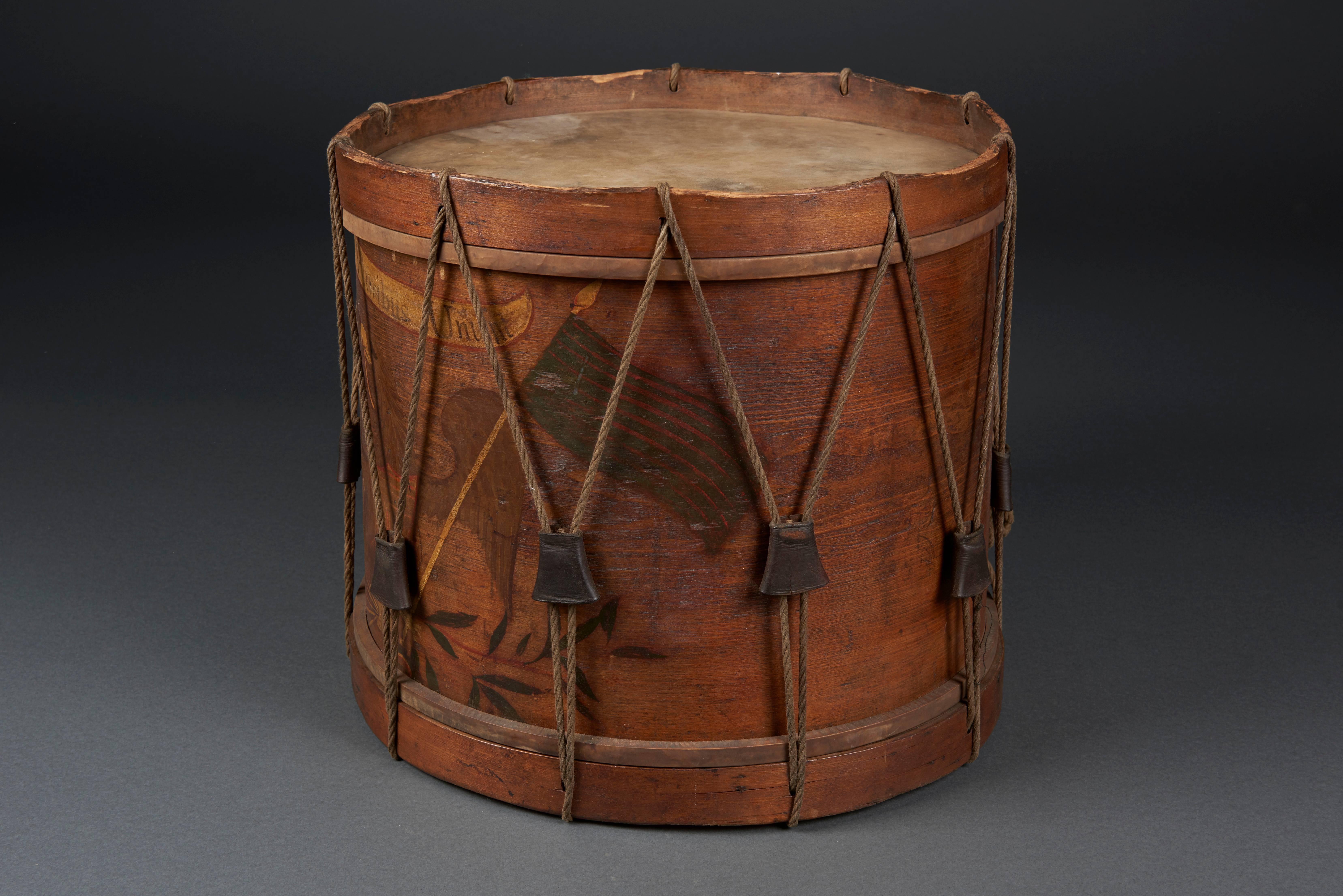 Pre-Civil War militia drum decorated with a spreadwing eagle holding an American flag and a New York State Excelsior flag. An early drum that survives in excellent condition made, circa 1845.
   